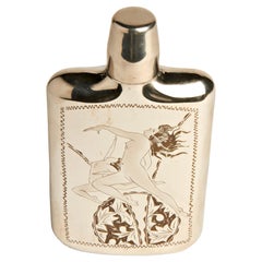 Retro Japanese Midcentury Hand Engraved Chrome Plated Flask with Drinking Cup CAP