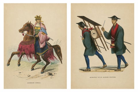 Japanese Military Costume Prints, Samurai General & Infantry Musicians, 1852