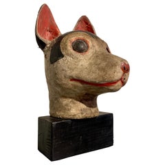 Japanese Mingei Kitsune Fox Head, Carved Wood and Plaster, Meiji Period, Japan