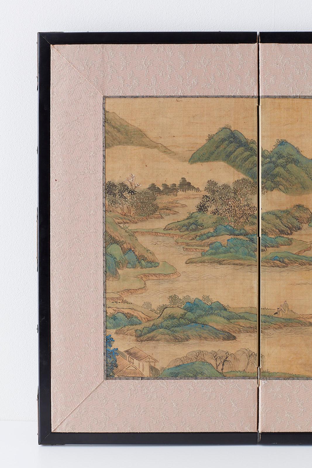 Edo Paravent japonais miniature à quatre panneaux - Paysage bleu et vert en vente
