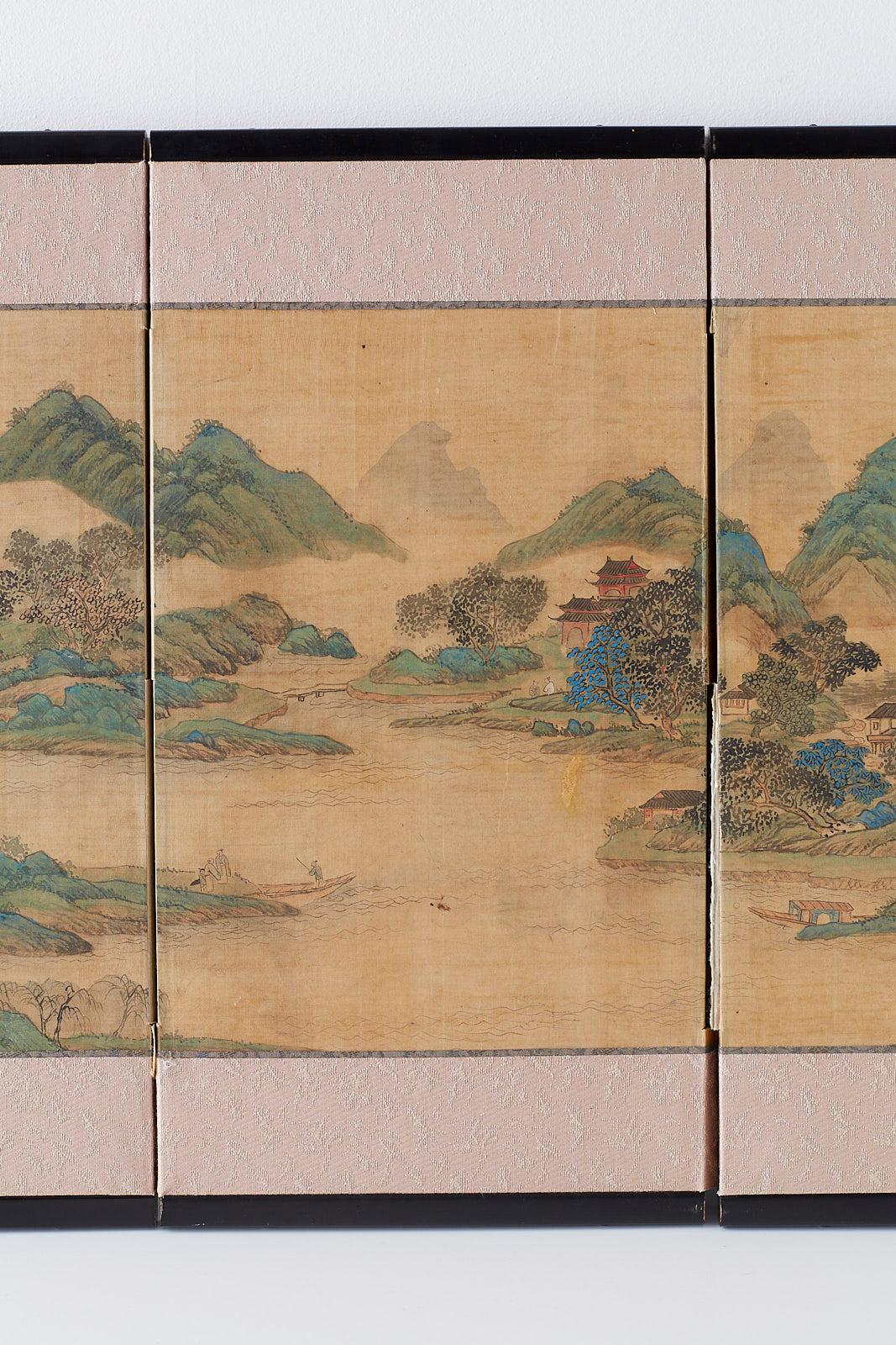 Japonais Paravent japonais miniature à quatre panneaux - Paysage bleu et vert en vente