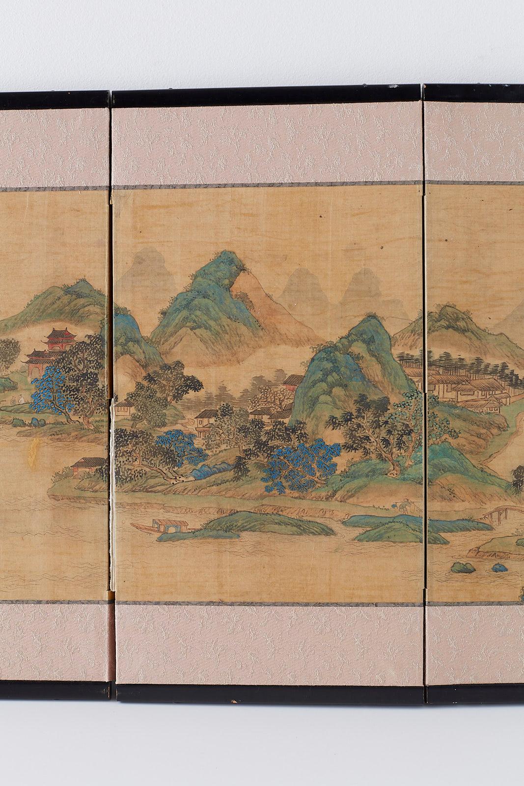 Buriné Paravent japonais miniature à quatre panneaux - Paysage bleu et vert en vente
