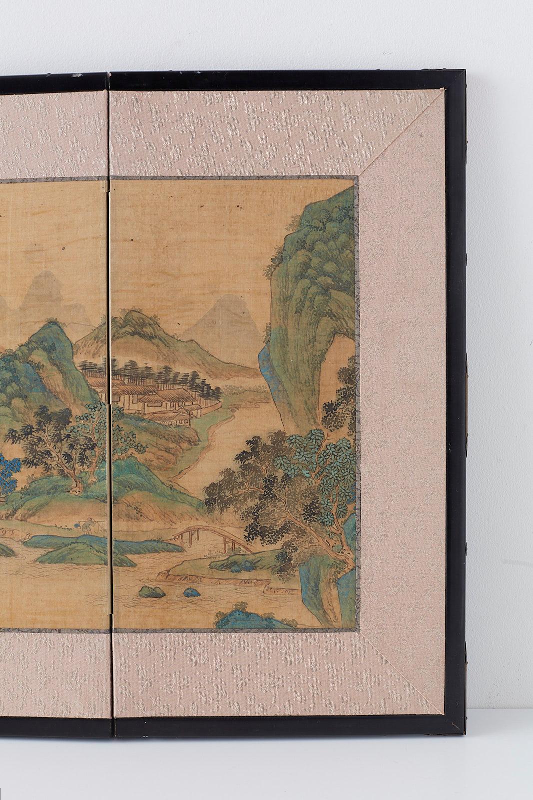 Japanese Miniature Four-Panel Screen Blue and Green Landscape In Good Condition For Sale In Rio Vista, CA