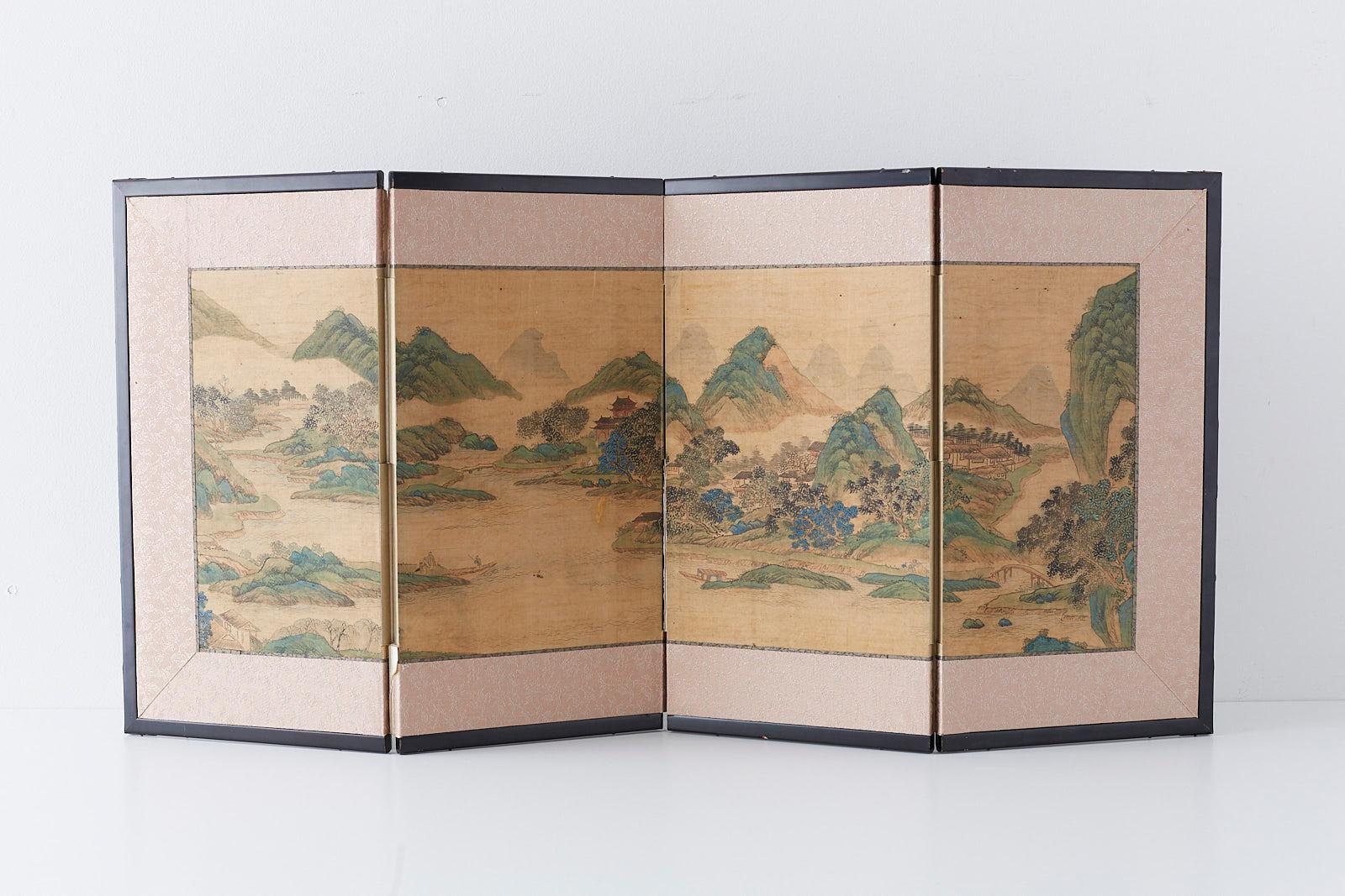 XIXe siècle Paravent japonais miniature à quatre panneaux - Paysage bleu et vert en vente
