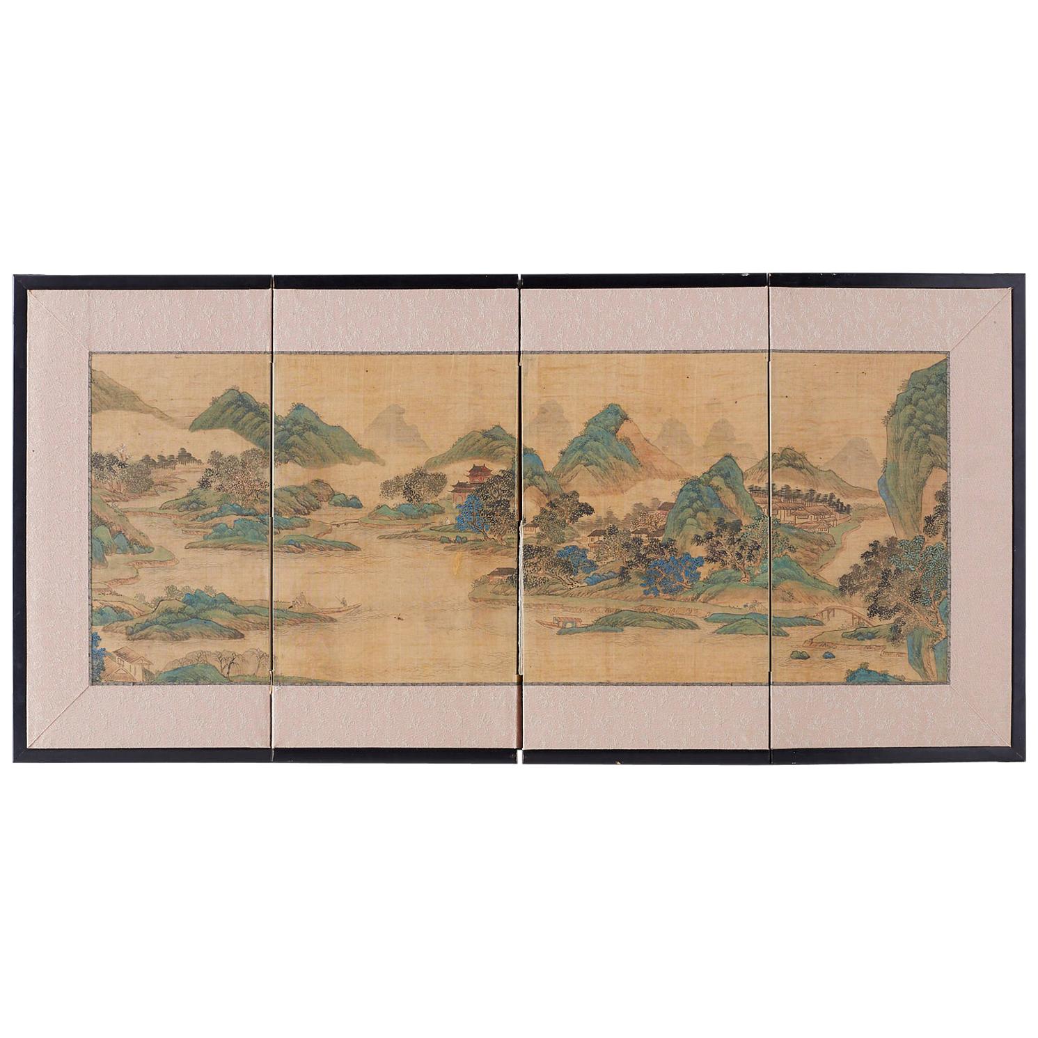Paravent japonais miniature à quatre panneaux - Paysage bleu et vert en vente