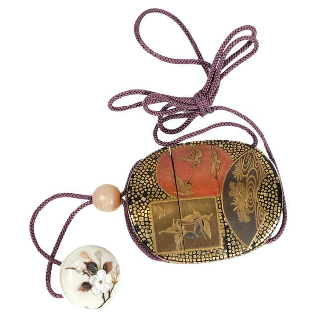 Japanese Lacquered Inro and Netsuke with Raijin Rinpa School at 1stDibs