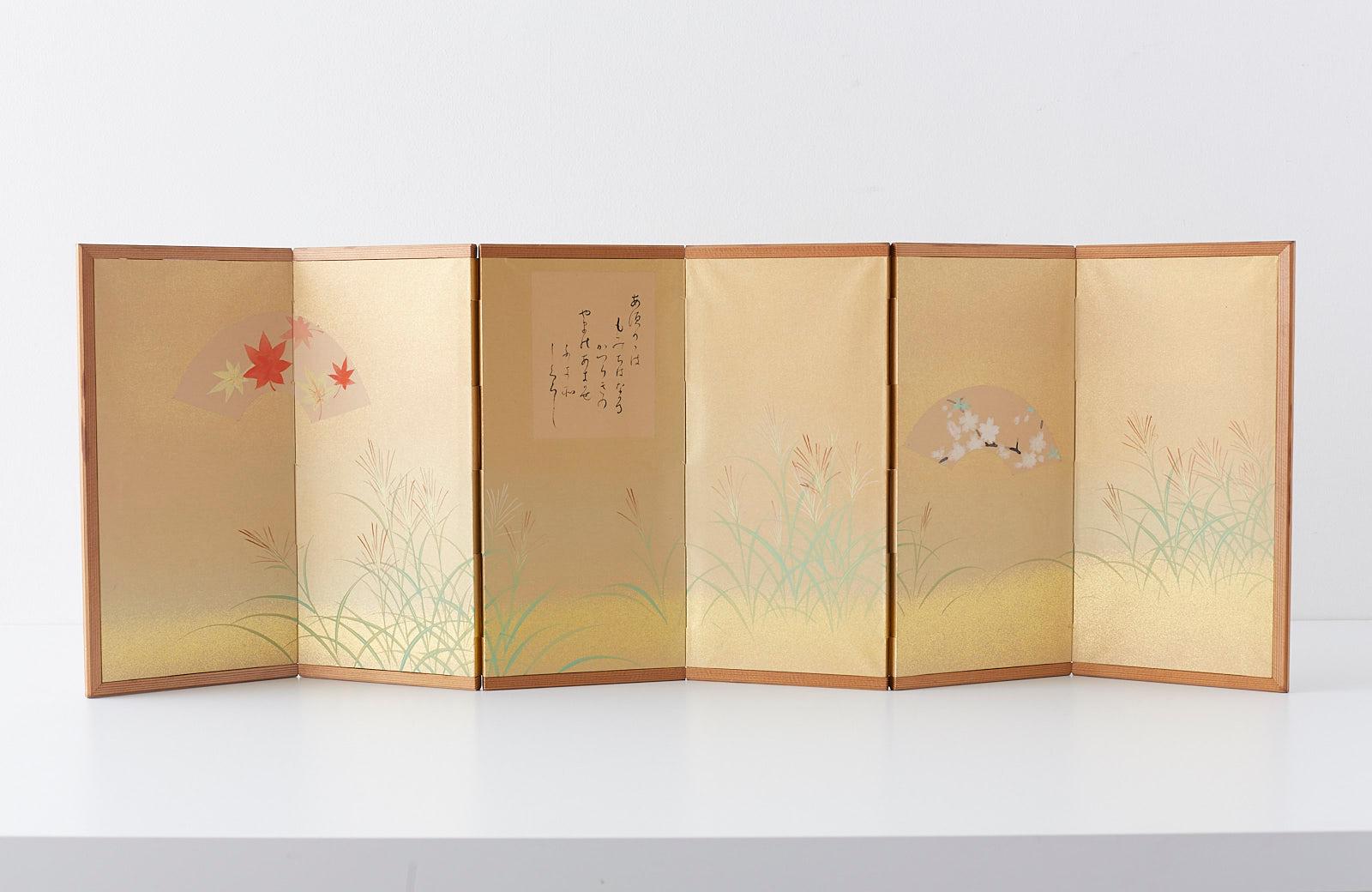 Gilt Japanese Miniature Six-Panel Screen Autumn Flowers and Grasses