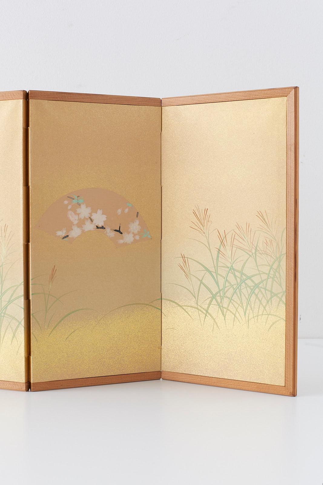 Wood Japanese Miniature Six-Panel Screen Autumn Flowers and Grasses