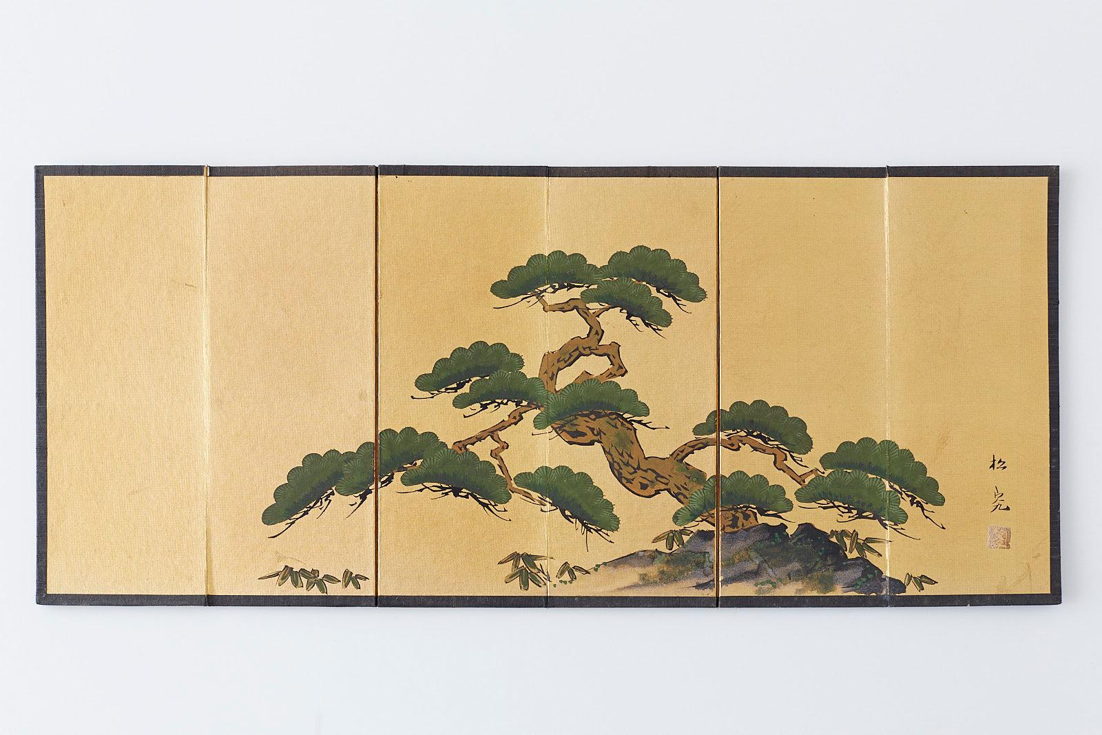 Mid-Century Modern Japanese Miniature Six Panel Screen of Ancient Pine