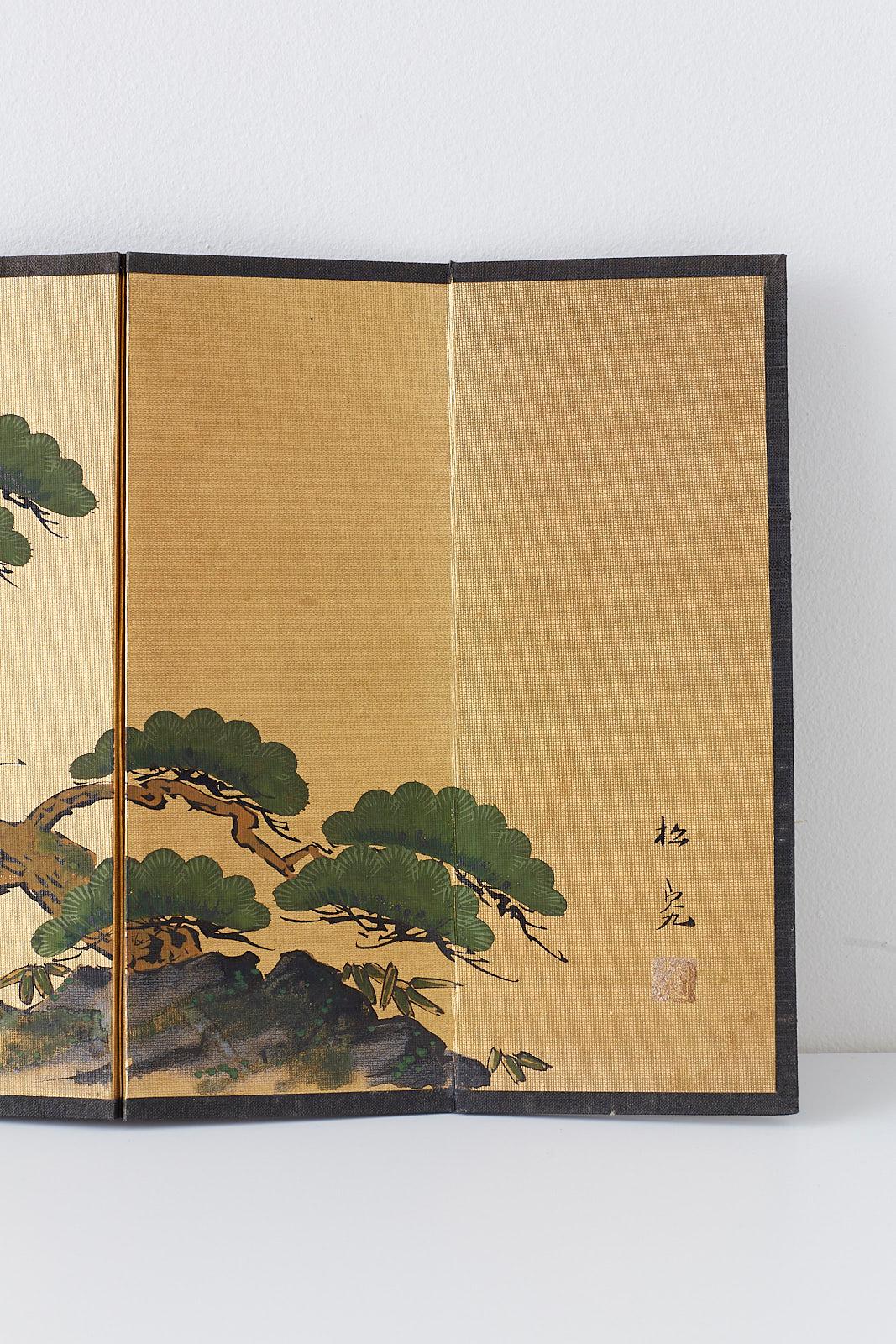 Paint Japanese Miniature Six Panel Screen of Ancient Pine