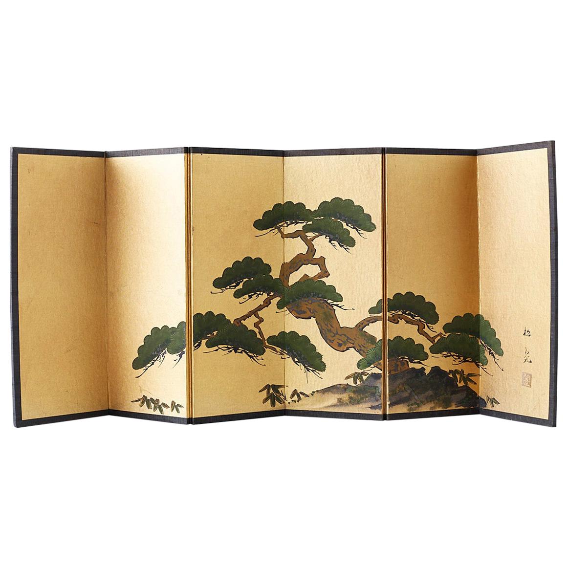 Japanese Miniature Six Panel Screen of Ancient Pine