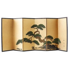 Paravent japonais miniature à six panneaux en pin ancien