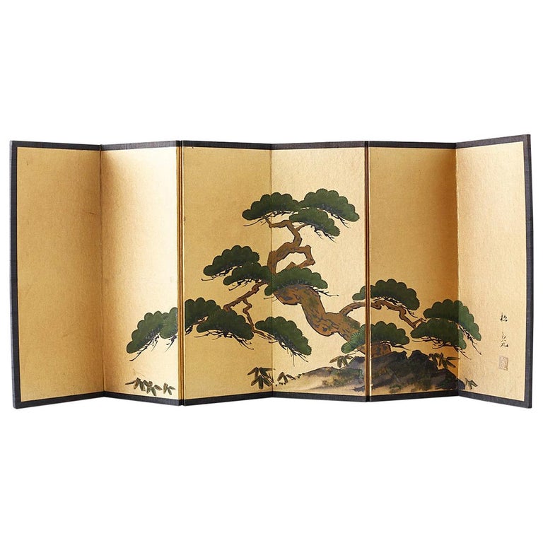 Japanese Miniature Six Panel Screen of Ancient Pine at 1stDibs