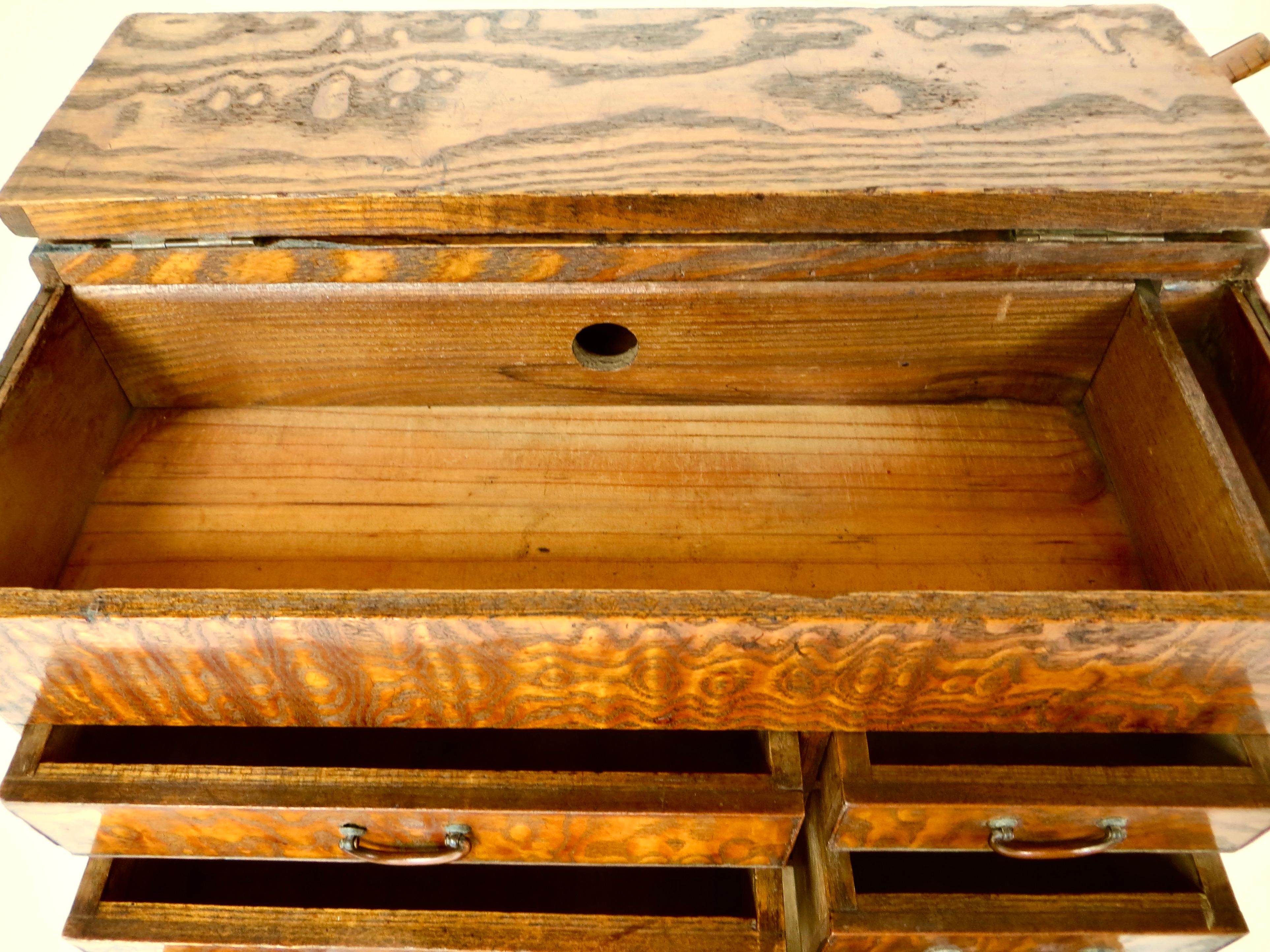 Elm Japanese Miniature Tansu Work or Sewing Chest (Haribako) Taisho Era Circa 1920 For Sale