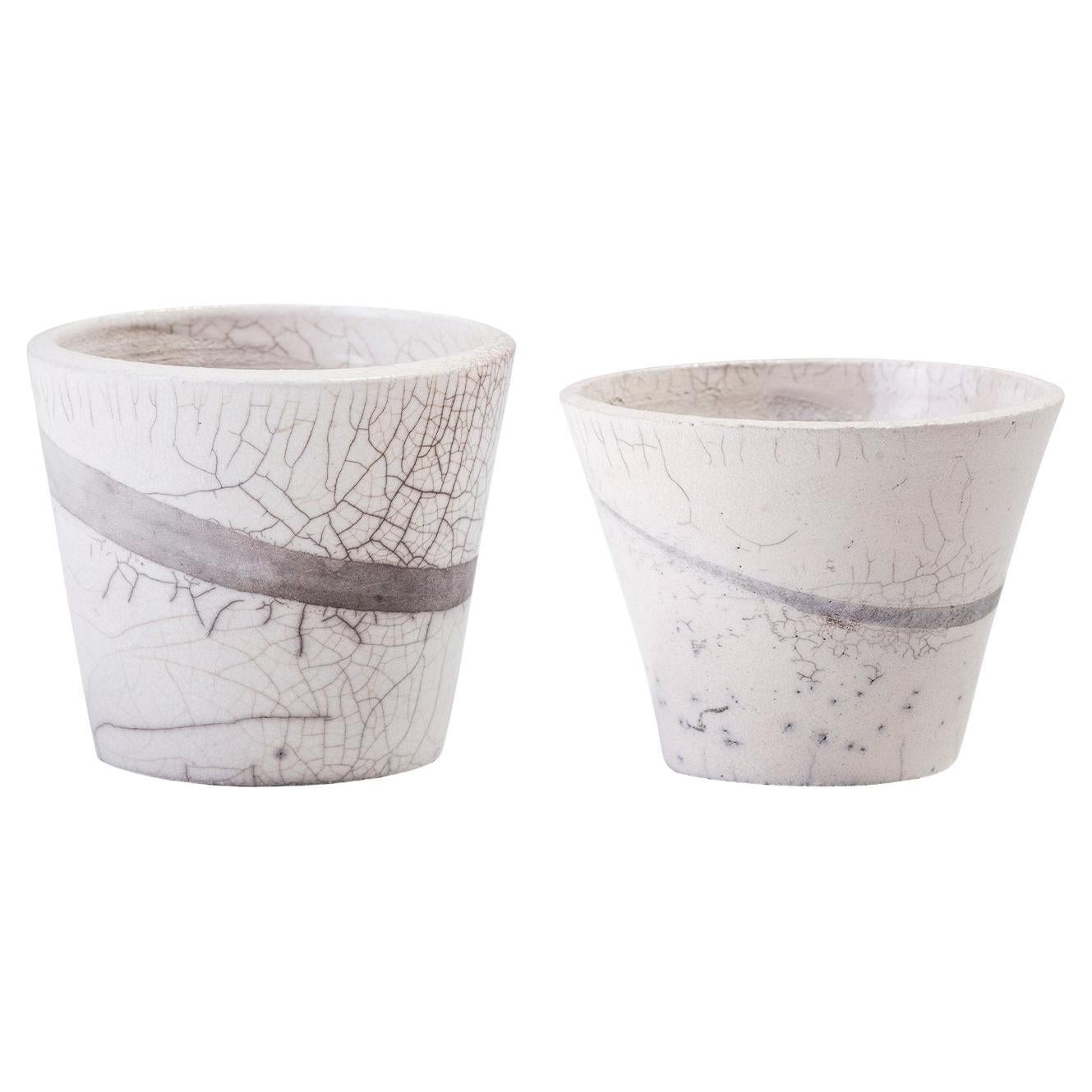 Japanese Minimalistic LAAB 2 Fringe Chawan Bowls Raku Ceramics Crackle White For Sale
