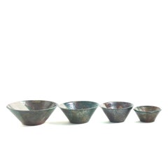 Japanese Minimalistic LAAB Aurora Set of 4 Bowls Raku Ceramics White Green Metal