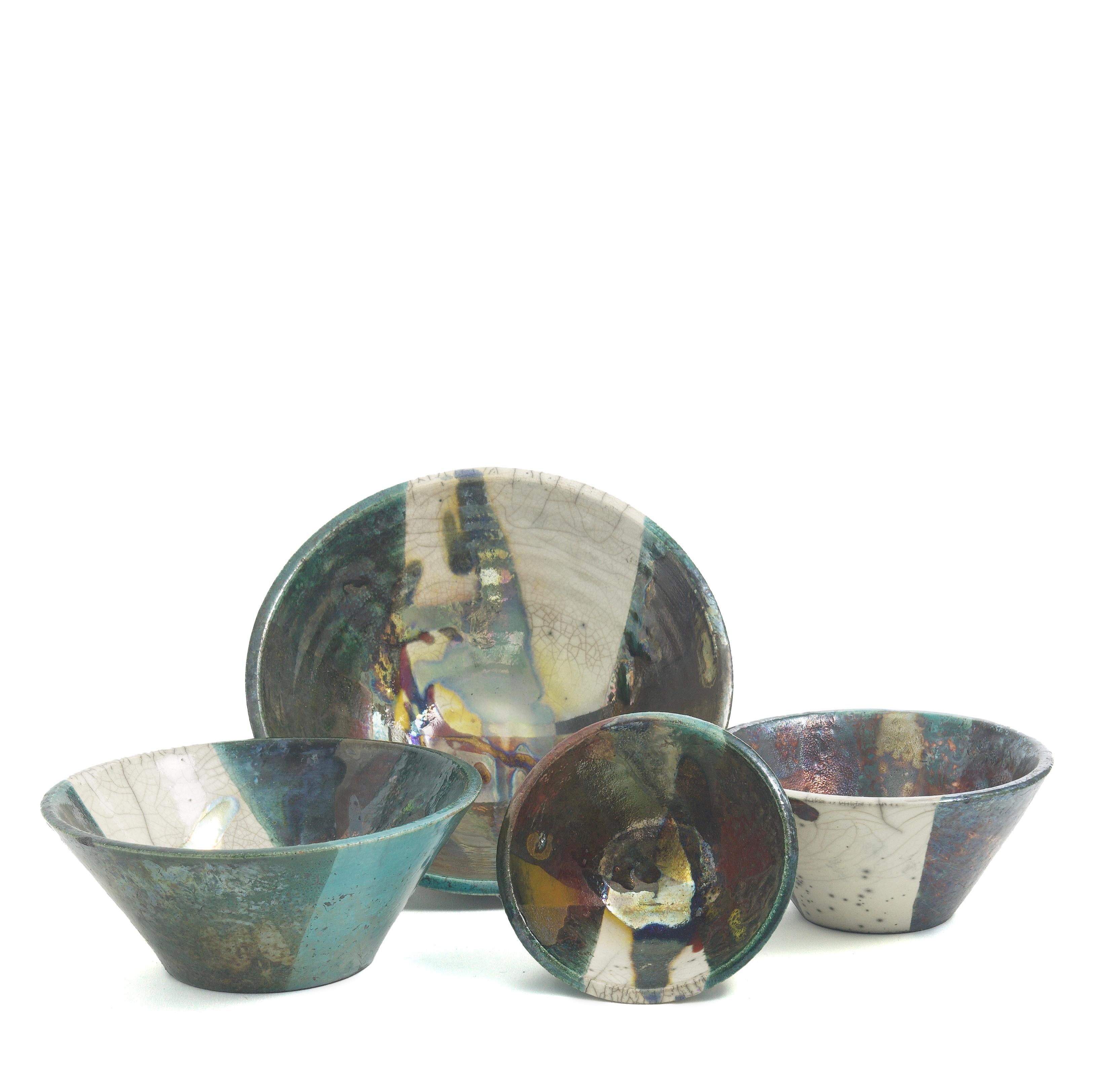 Modern Japanese Minimalistic LAAB Aurora Set of 4 Bowls Raku Ceramics White Green Metal For Sale
