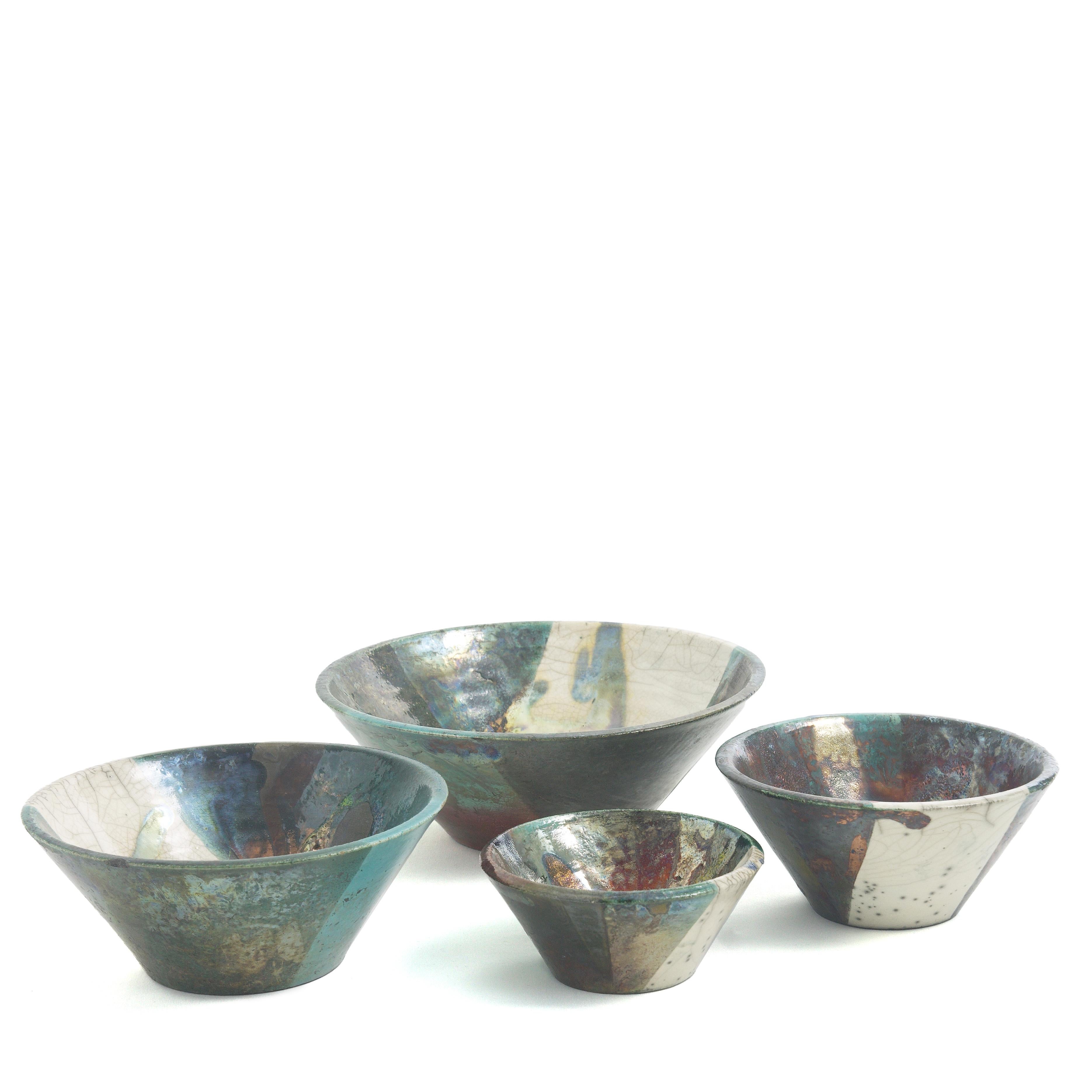Italian Japanese Minimalistic LAAB Aurora Set of 4 Bowls Raku Ceramics White Green Metal For Sale