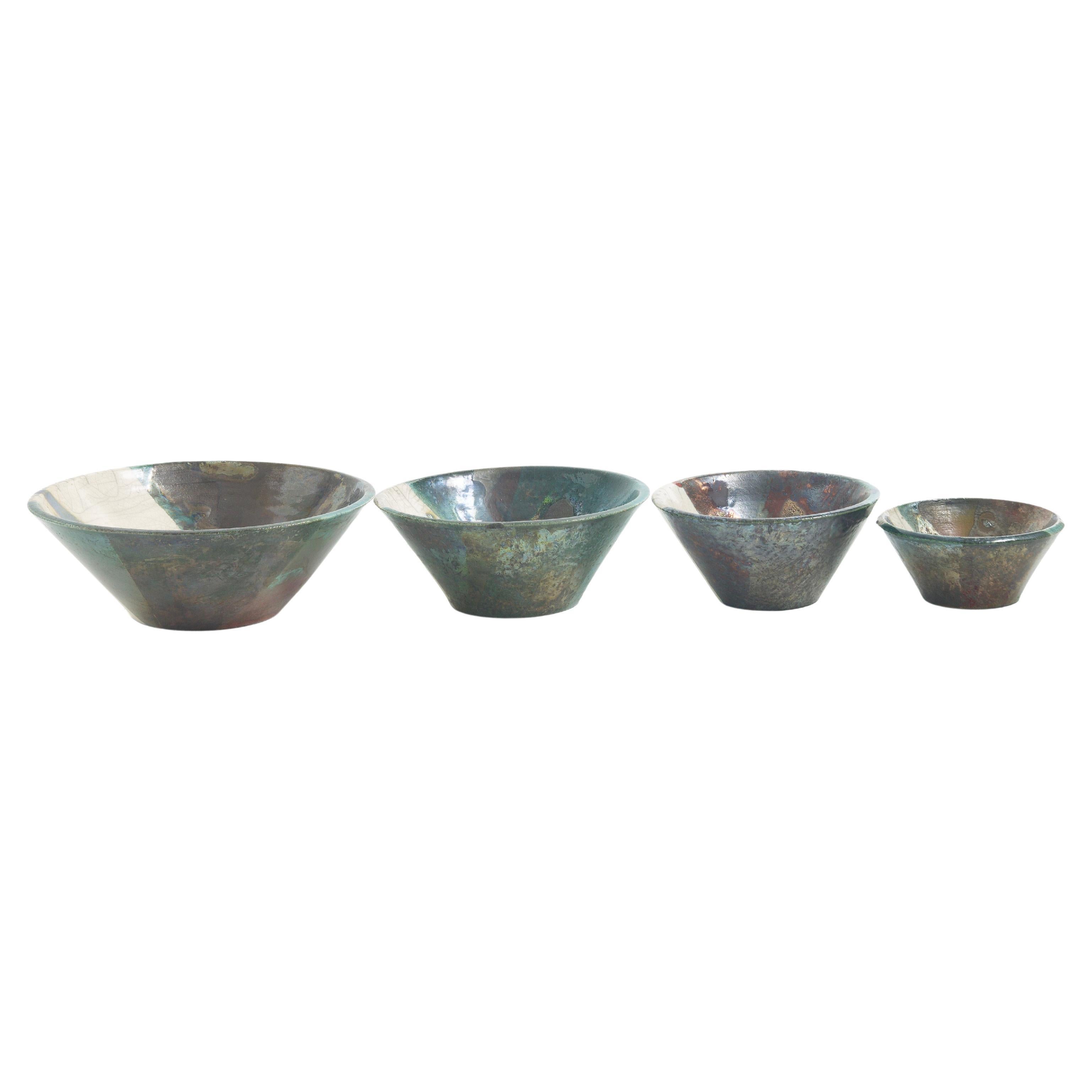 Japanese Minimalistic LAAB Aurora Set of 4 Bowls Raku Ceramics White Green Metal For Sale