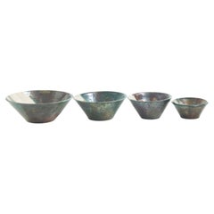 Japanese Minimalistic LAAB Aurora Set of 4 Bowls Raku Ceramics White Green Metal