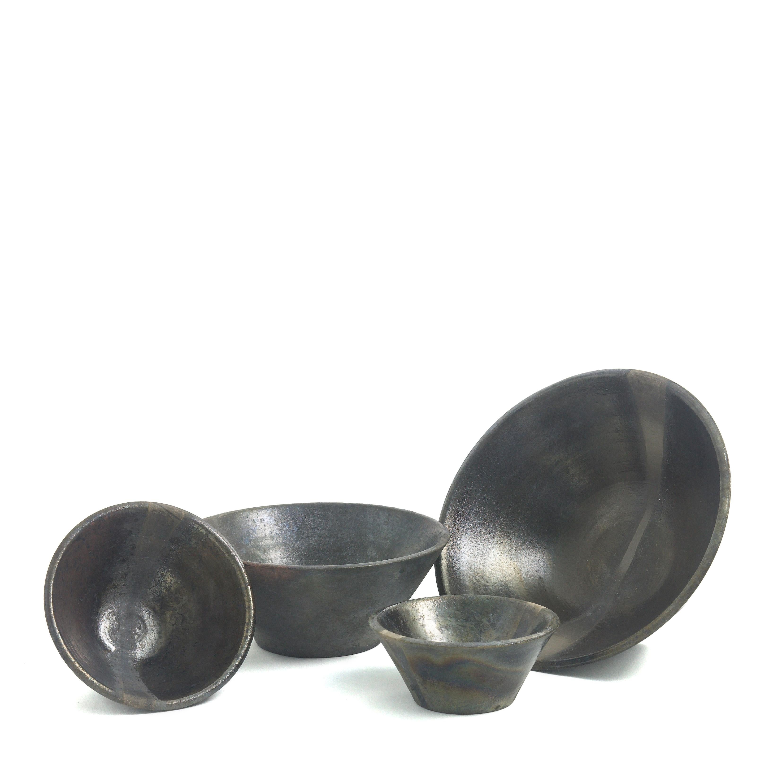 Modern Japanese Minimalistic LAAB Black Fringe Set Of 4 Bowls Raku Ceramics Black Metal For Sale