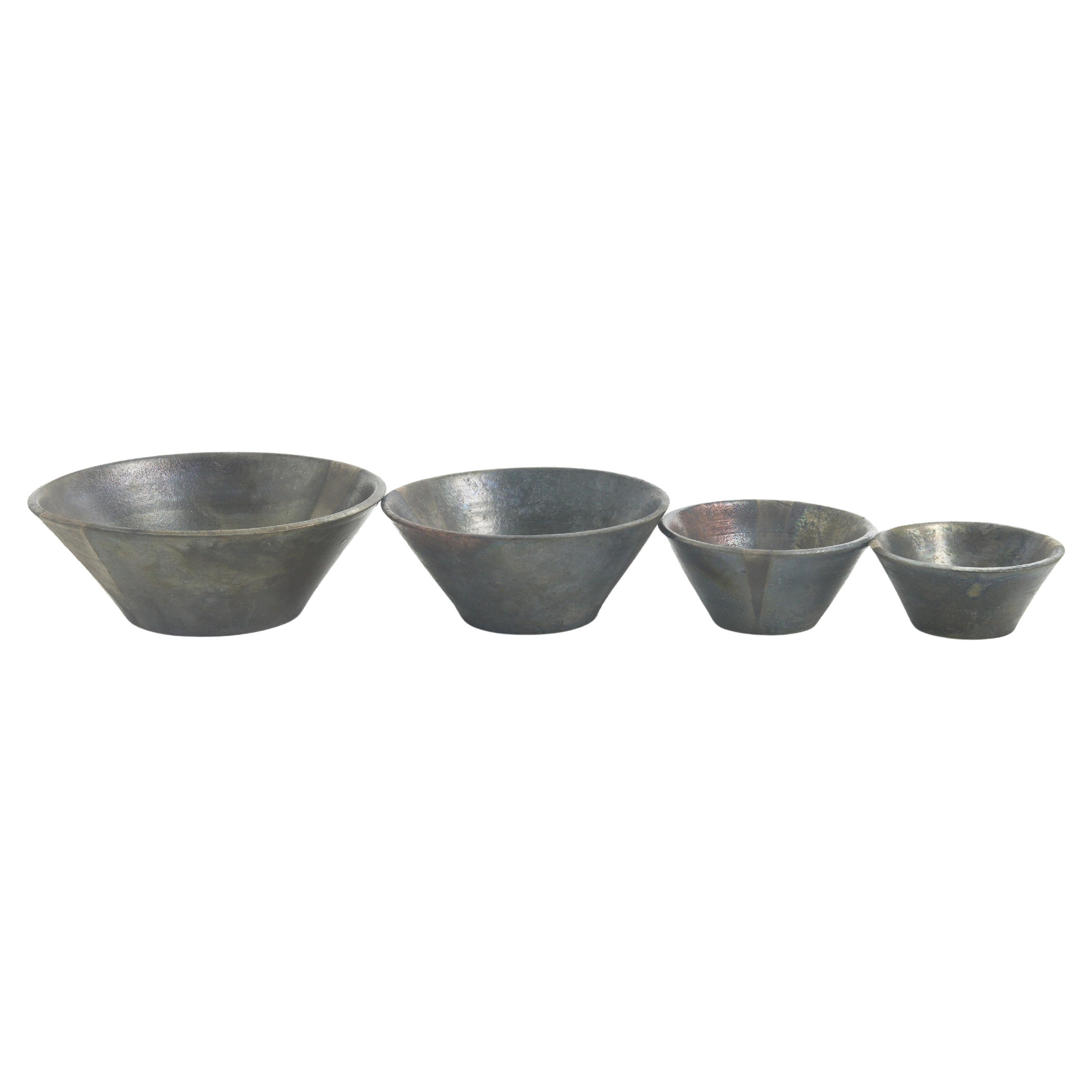 Japanese Minimalistic LAAB Black Fringe Set Of 4 Bowls Raku Ceramics Black Metal For Sale