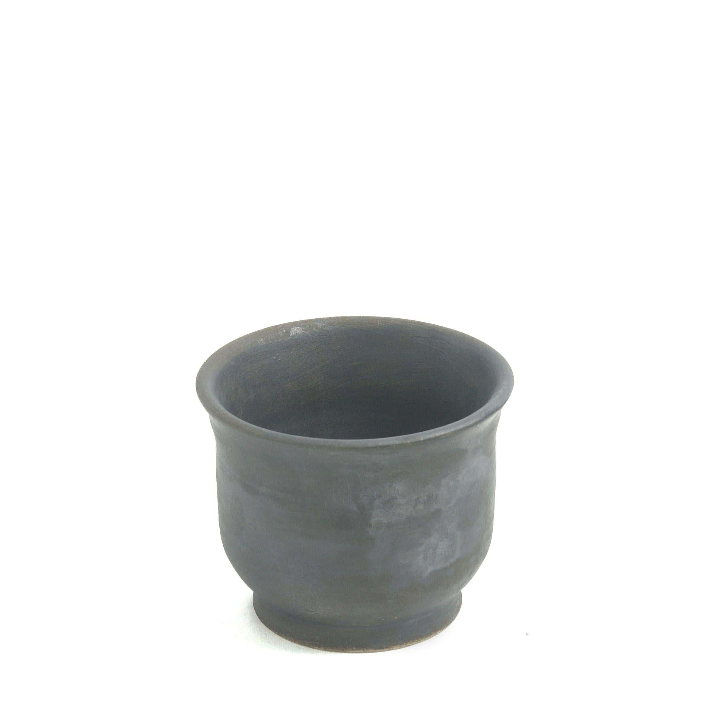 Hand-Crafted Japanese Minimalistic LAAB Earth Set of 3 Tea Cups Raku Ceramics Black Burnt For Sale