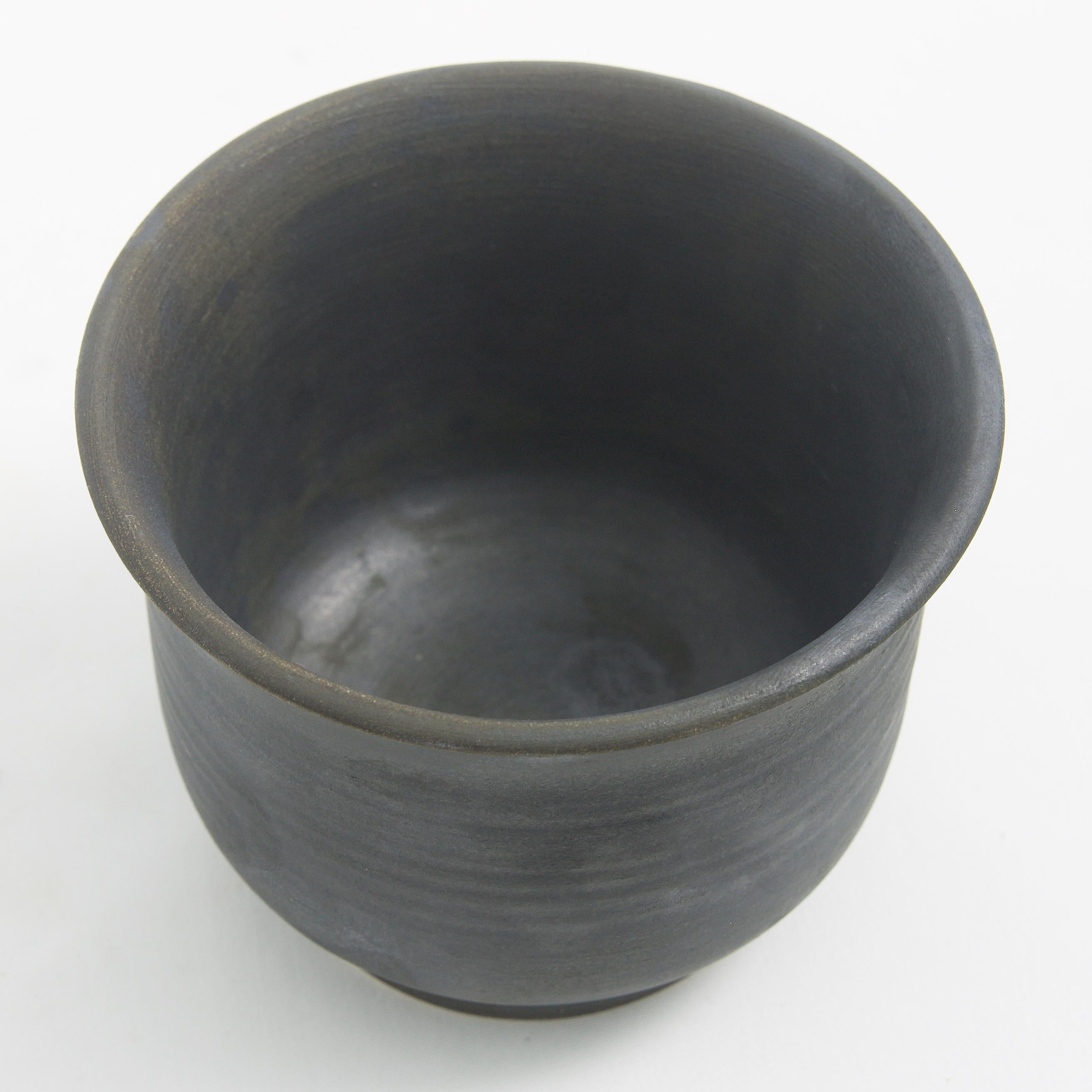 Contemporary Japanese Minimalistic LAAB Earth Set of 3 Tea Cups Raku Ceramics Black Burnt For Sale