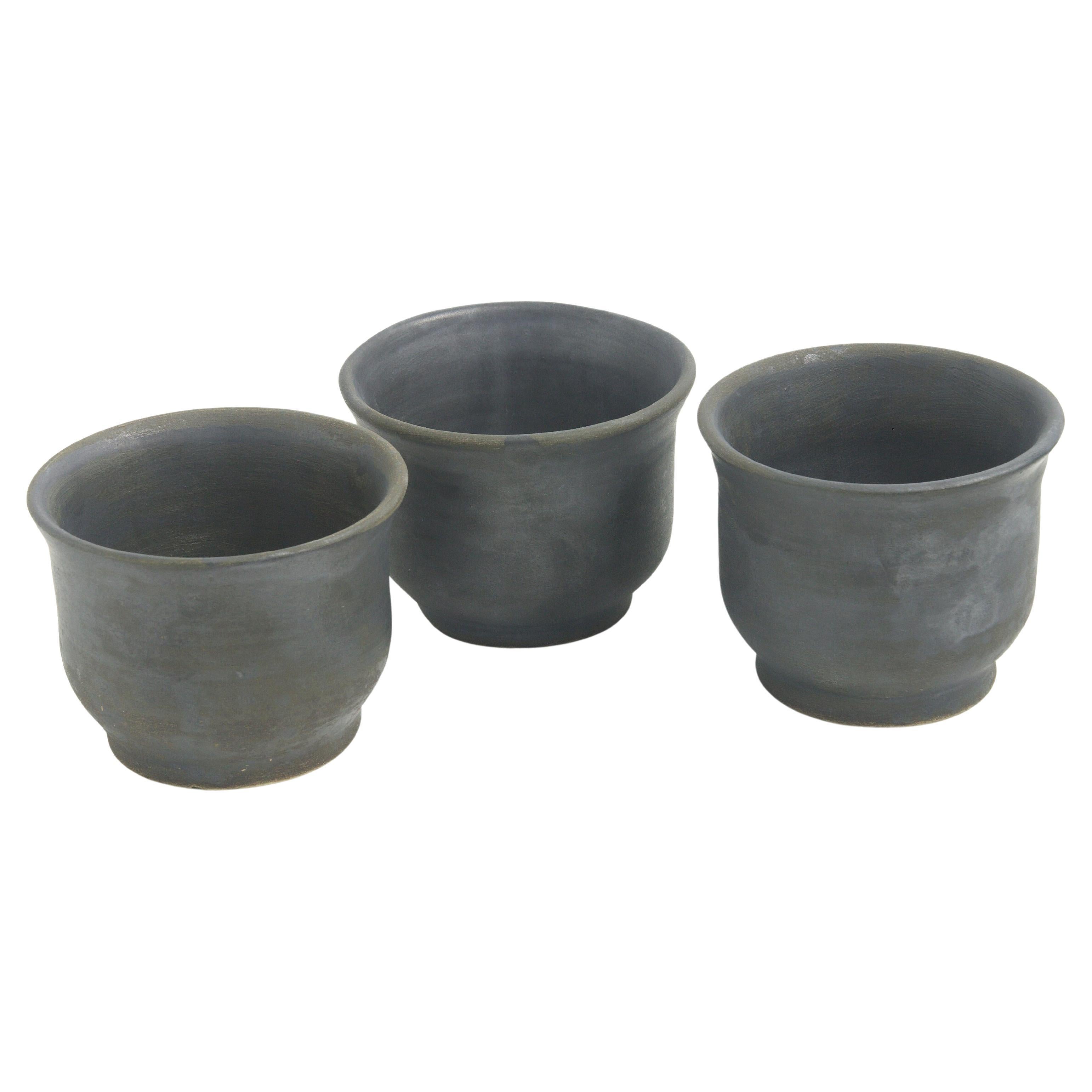 Japanese Minimalistic LAAB Earth Set of 3 Tea Cups Raku Ceramics Black Burnt For Sale