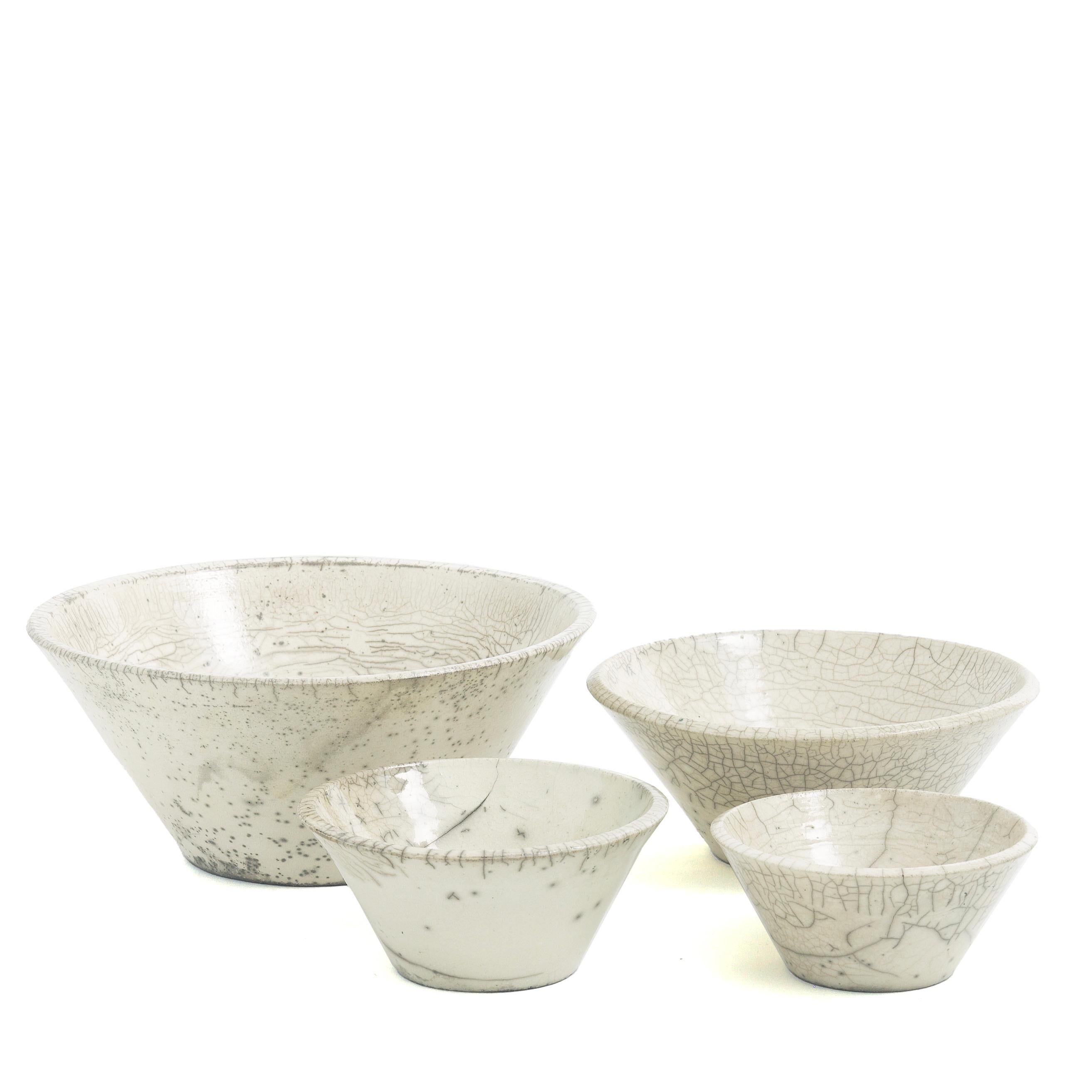 Modern Japanese Minimalistic LAAB Moon Set of 4 Bowls Raku Ceramics Crackle White For Sale
