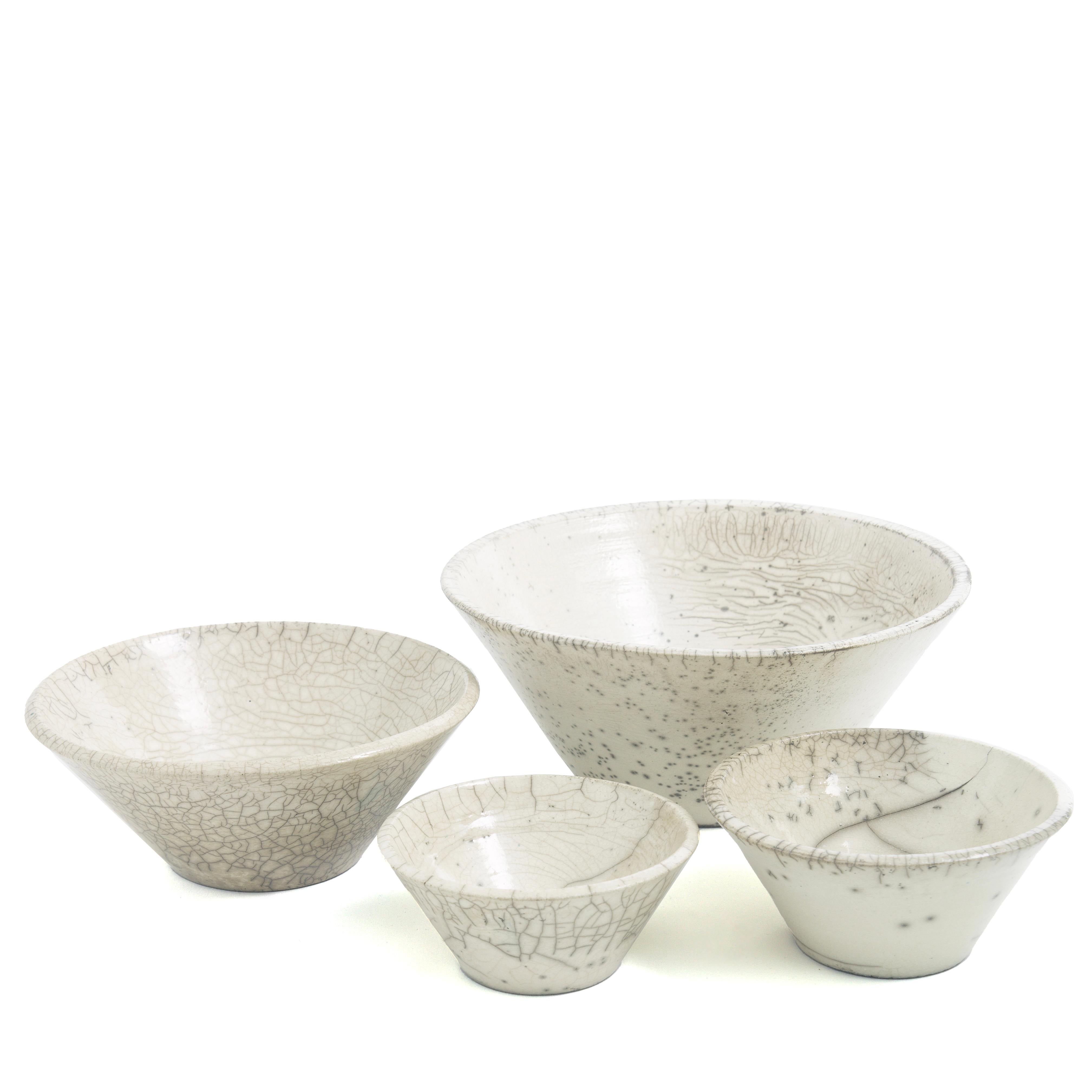 Hand-Crafted Japanese Minimalistic LAAB Moon Set of 4 Bowls Raku Ceramics Crackle White For Sale