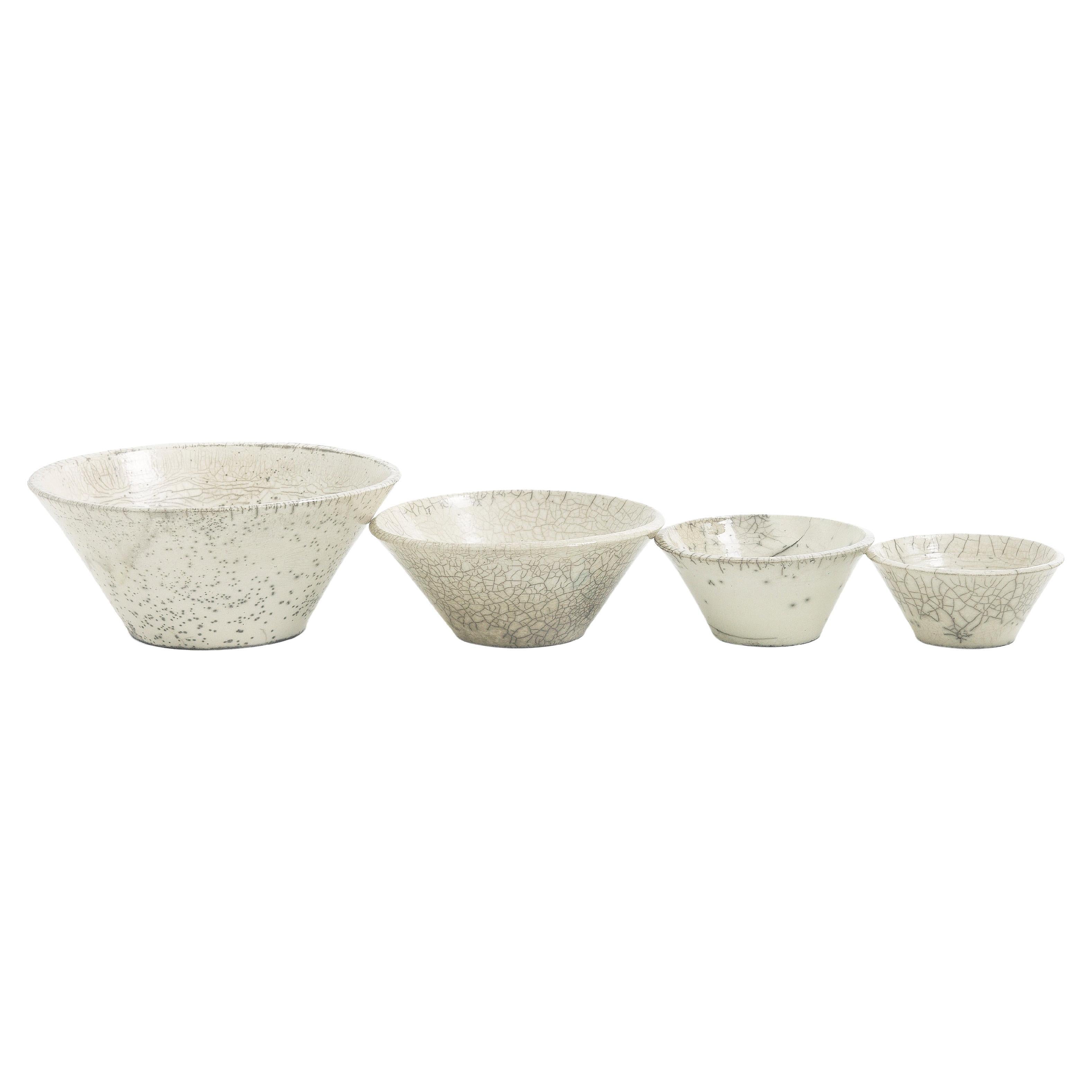 Japanese Minimalistic LAAB Moon Set of 4 Bowls Raku Ceramics Crackle White For Sale