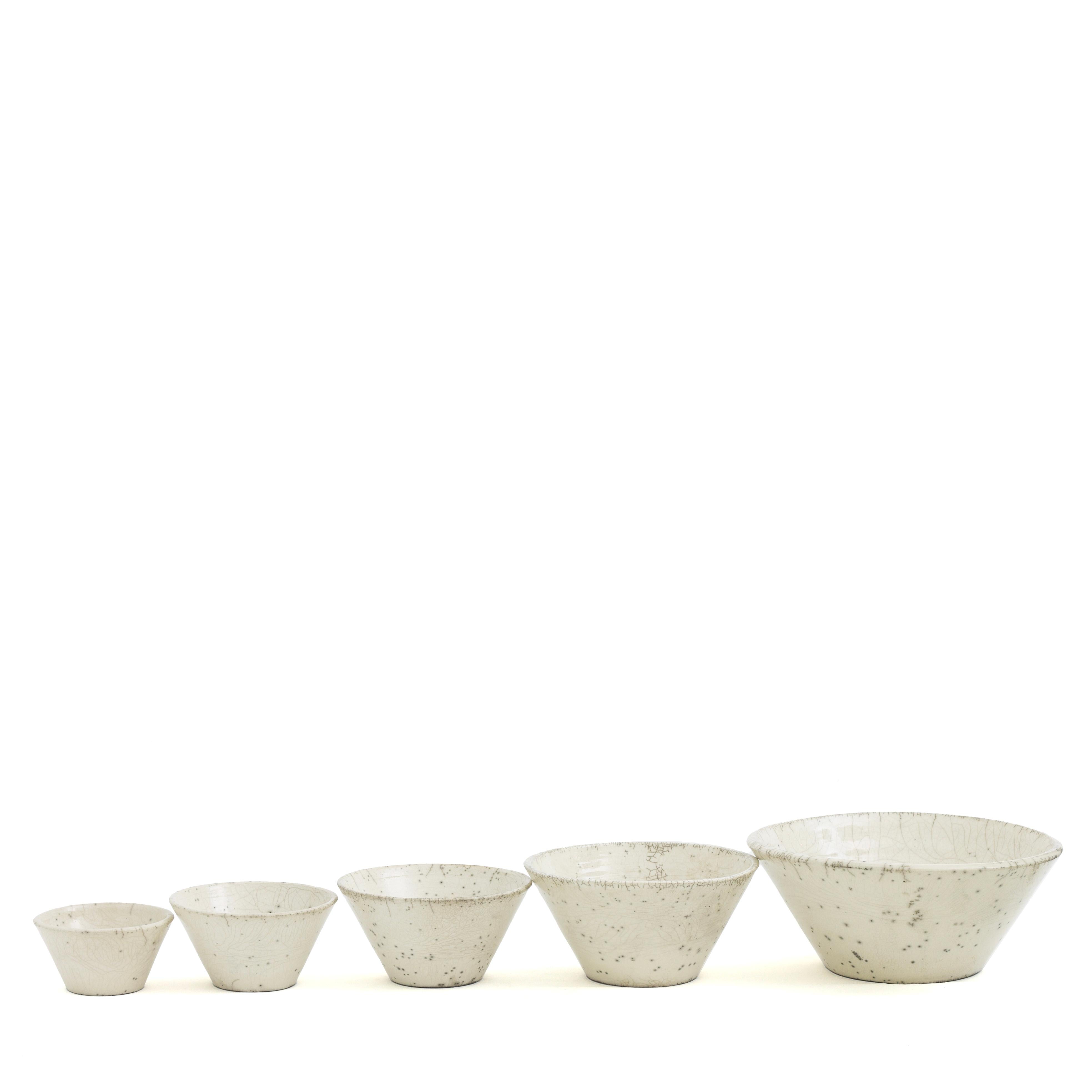 Moon Set Of 5 Bowls


Handcrafted of white ceramic following the ancient Japanese technique of Raku to create an elegant crackled effect, this set of five bowls will set a distinctive tone to modern tableware collections. Tiny speckles adorn the
