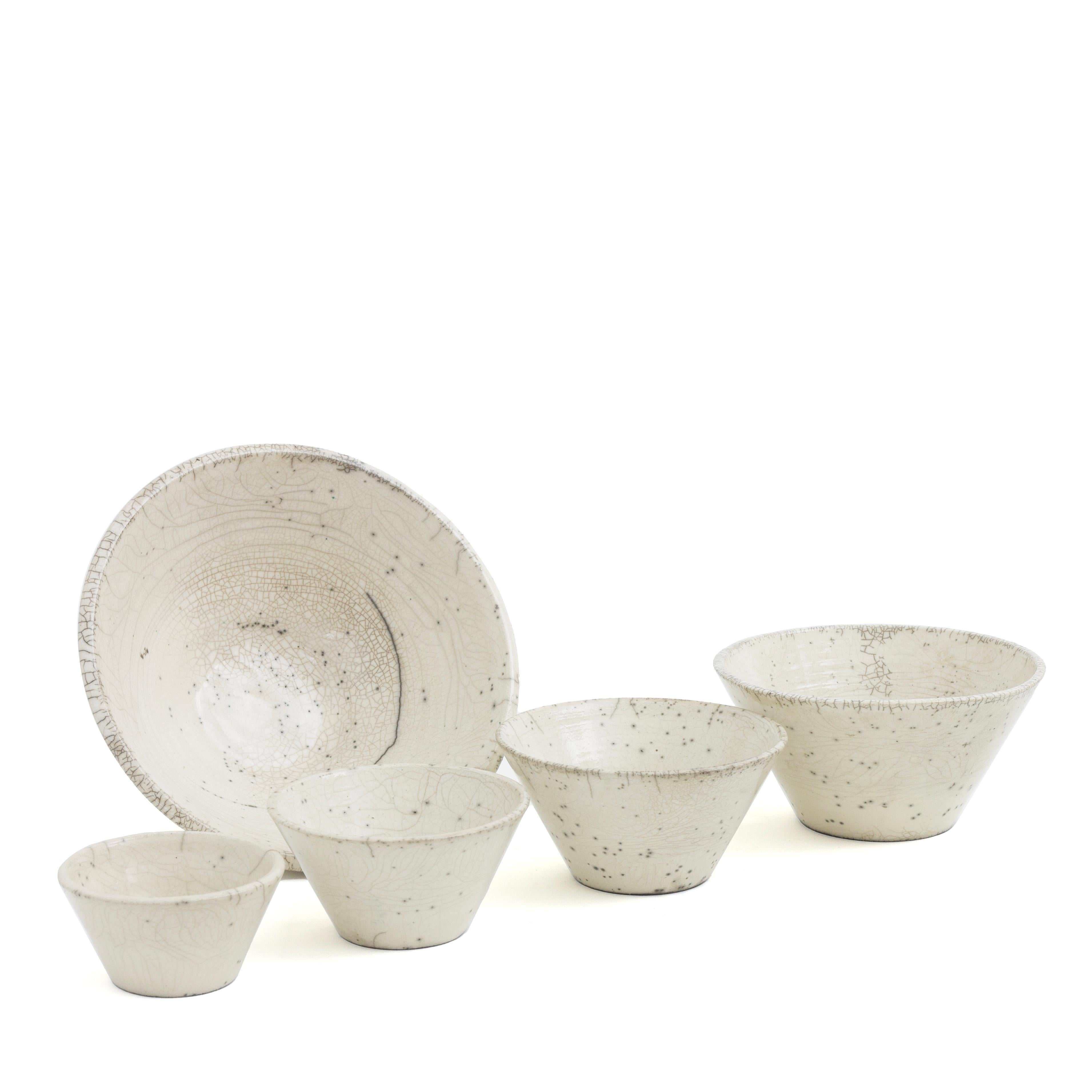 Modern Japanese Minimalistic LAAB Moon Set of 5 Bowls Raku Ceramics Crackle White For Sale