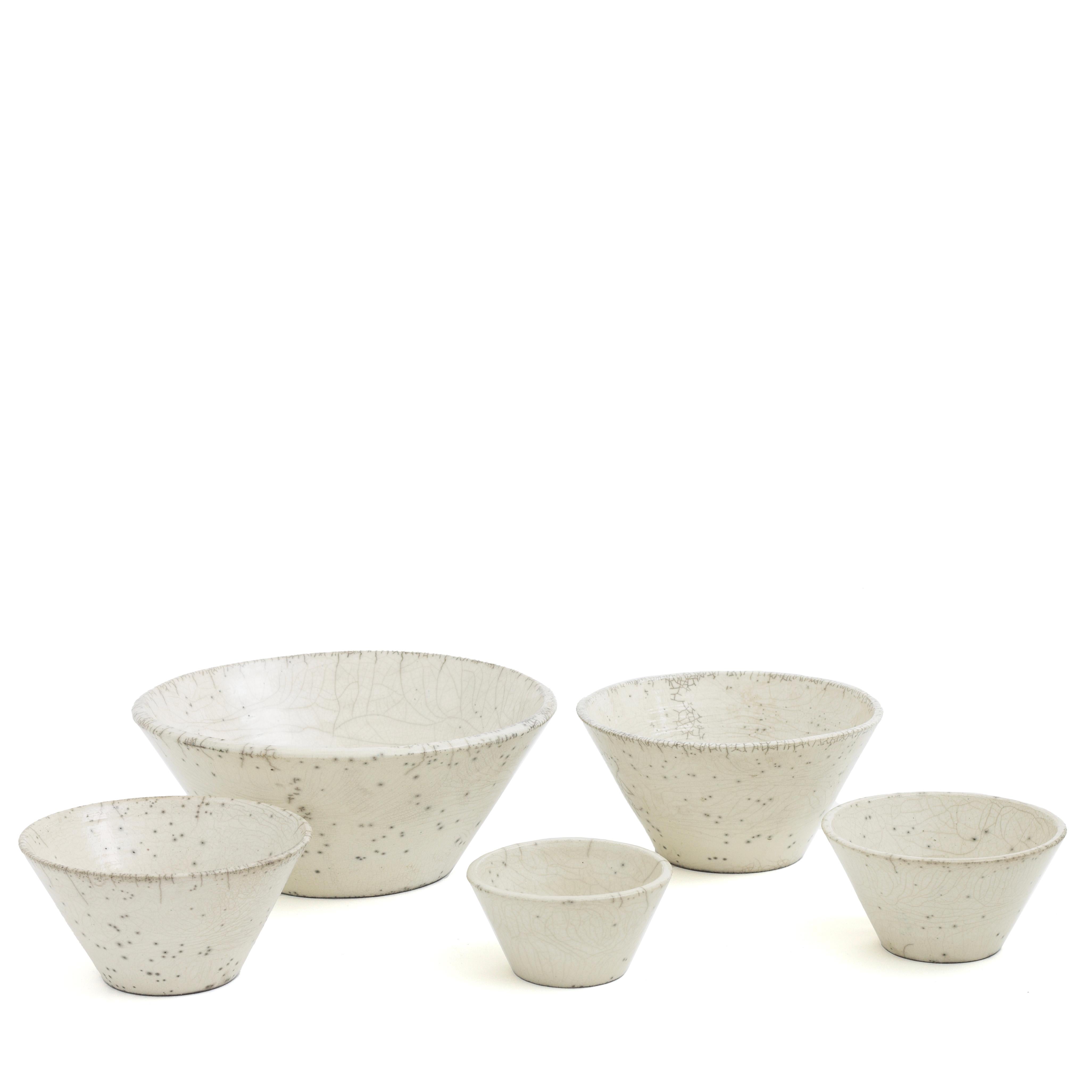 Italian Japanese Minimalistic LAAB Moon Set of 5 Bowls Raku Ceramics Crackle White For Sale