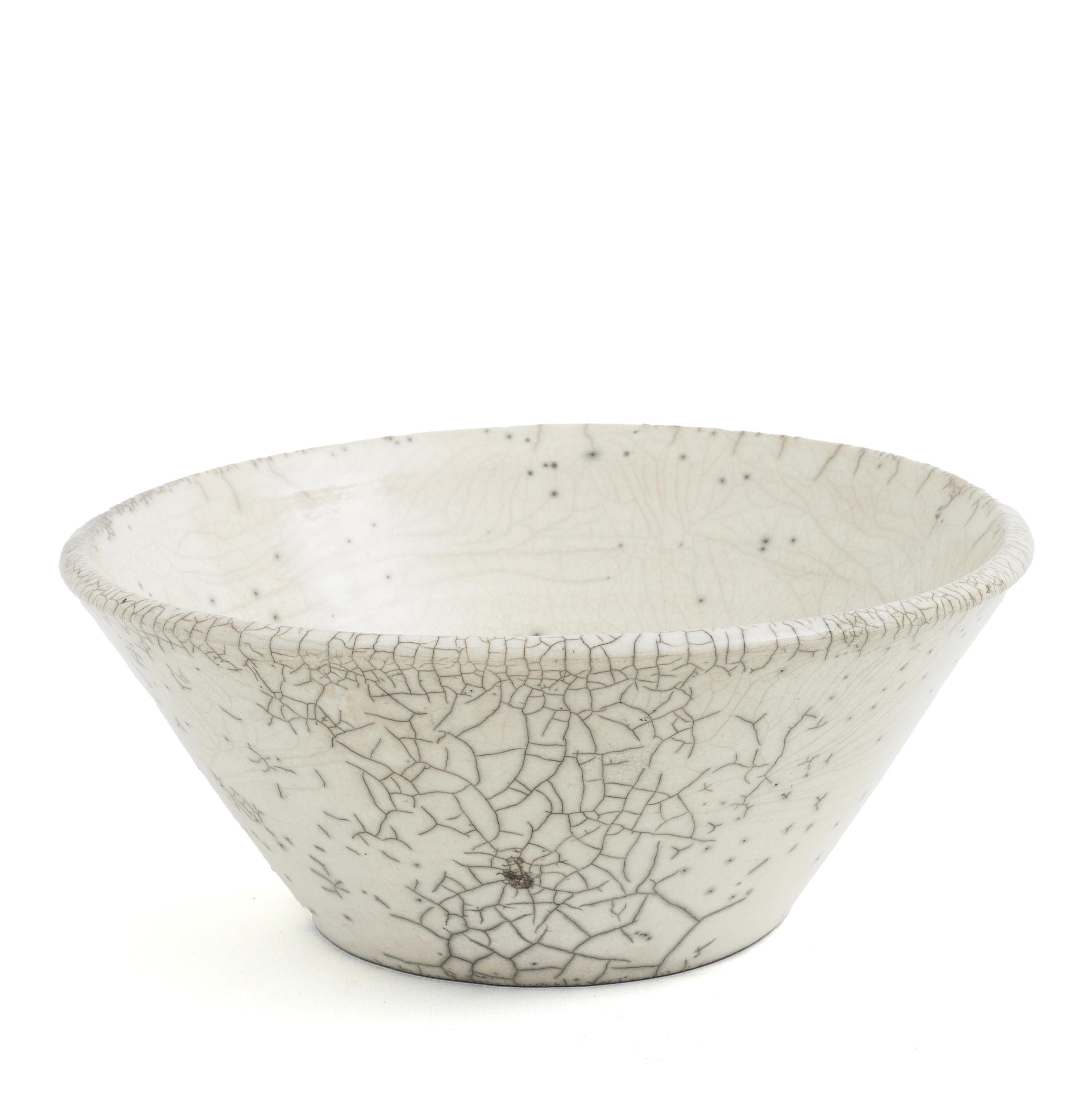 Hand-Crafted Japanese Minimalistic LAAB Moon Set of 5 Bowls Raku Ceramics Crackle White For Sale