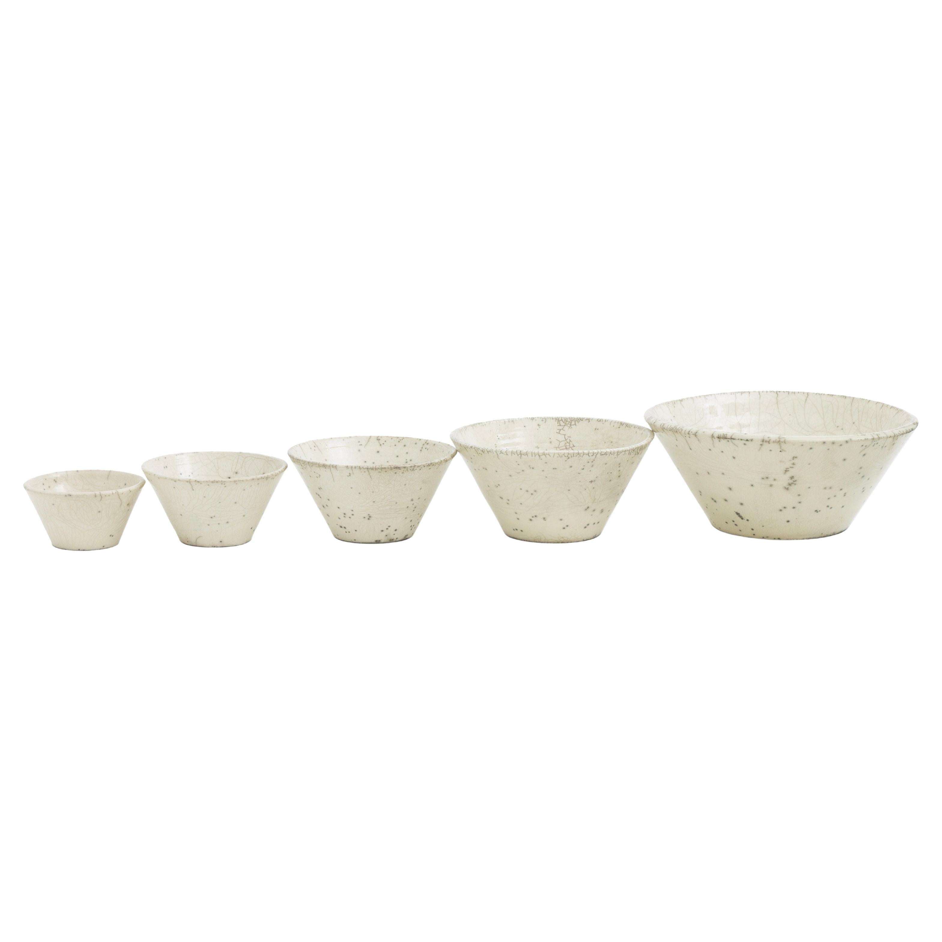 Japanese Minimalistic LAAB Moon Set of 5 Bowls Raku Ceramics Crackle White For Sale