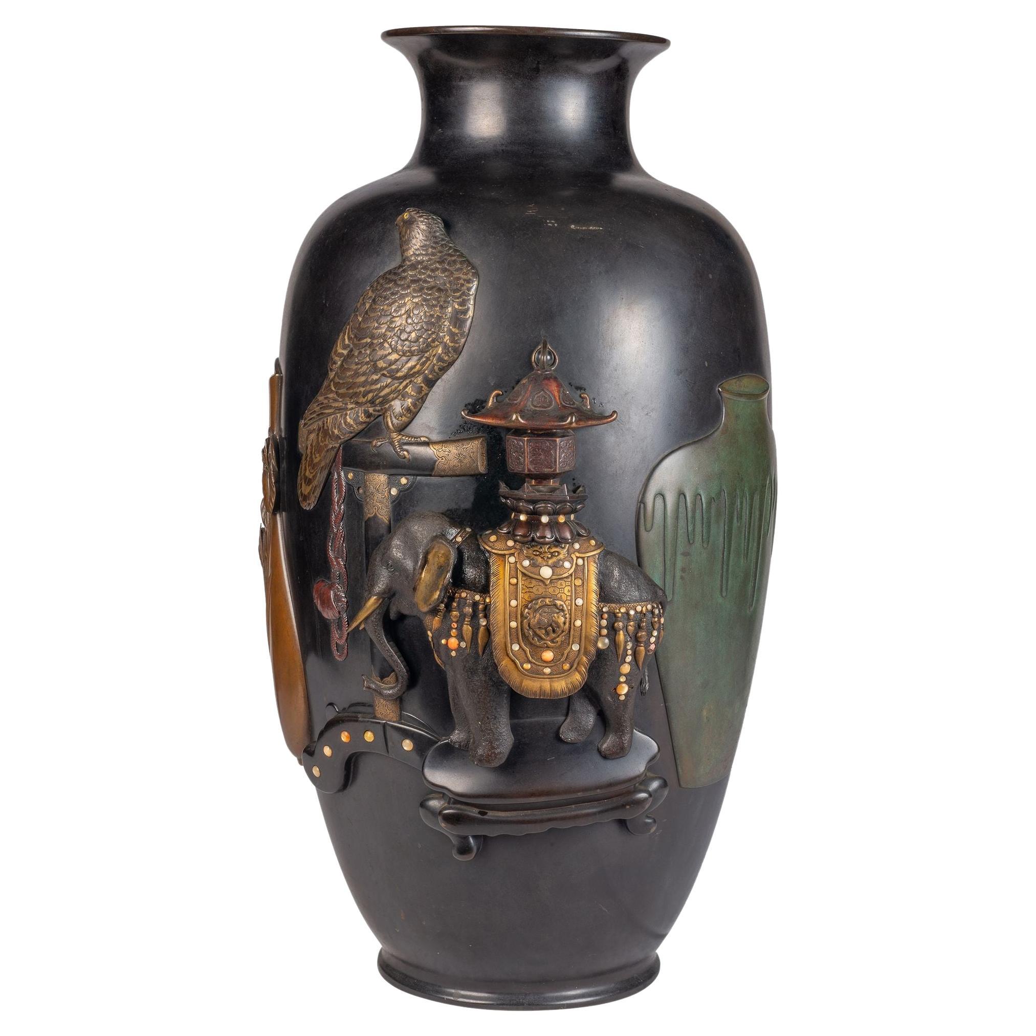 Japanese mixed metal bronze vase, Meiji period. For Sale