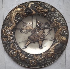 Japanese mixed metal dish with samurai decor, Japan Meiji era