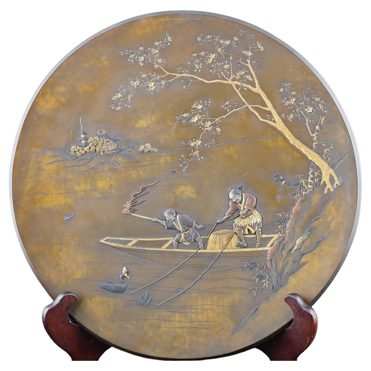 Japanese MIxed Metal Finely Executed Plate of Cormorant Fishing at Night For Sale
