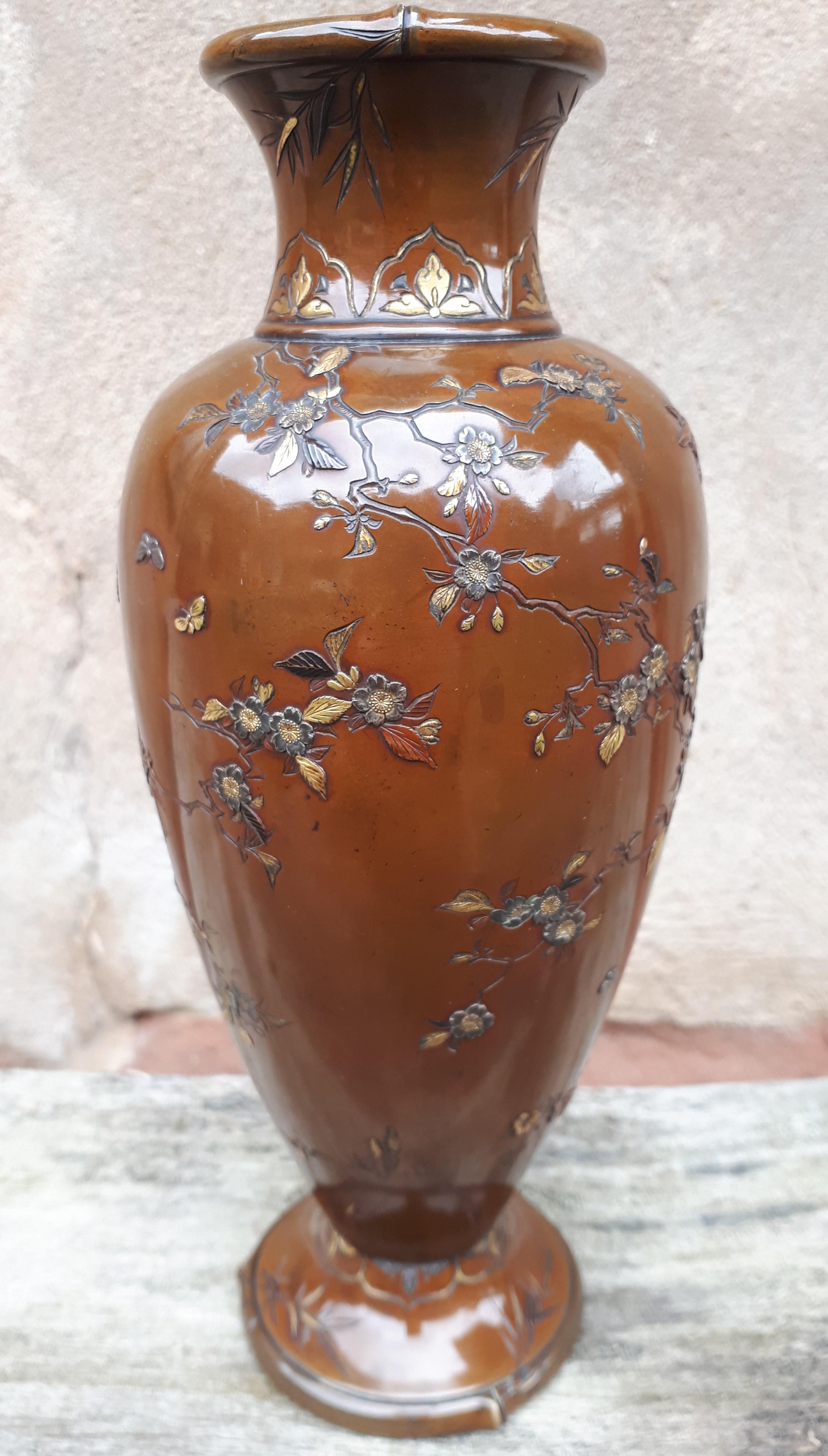 19th Century Japanese mixed metal inlaid bronze vase, signed Inoue For Sale
