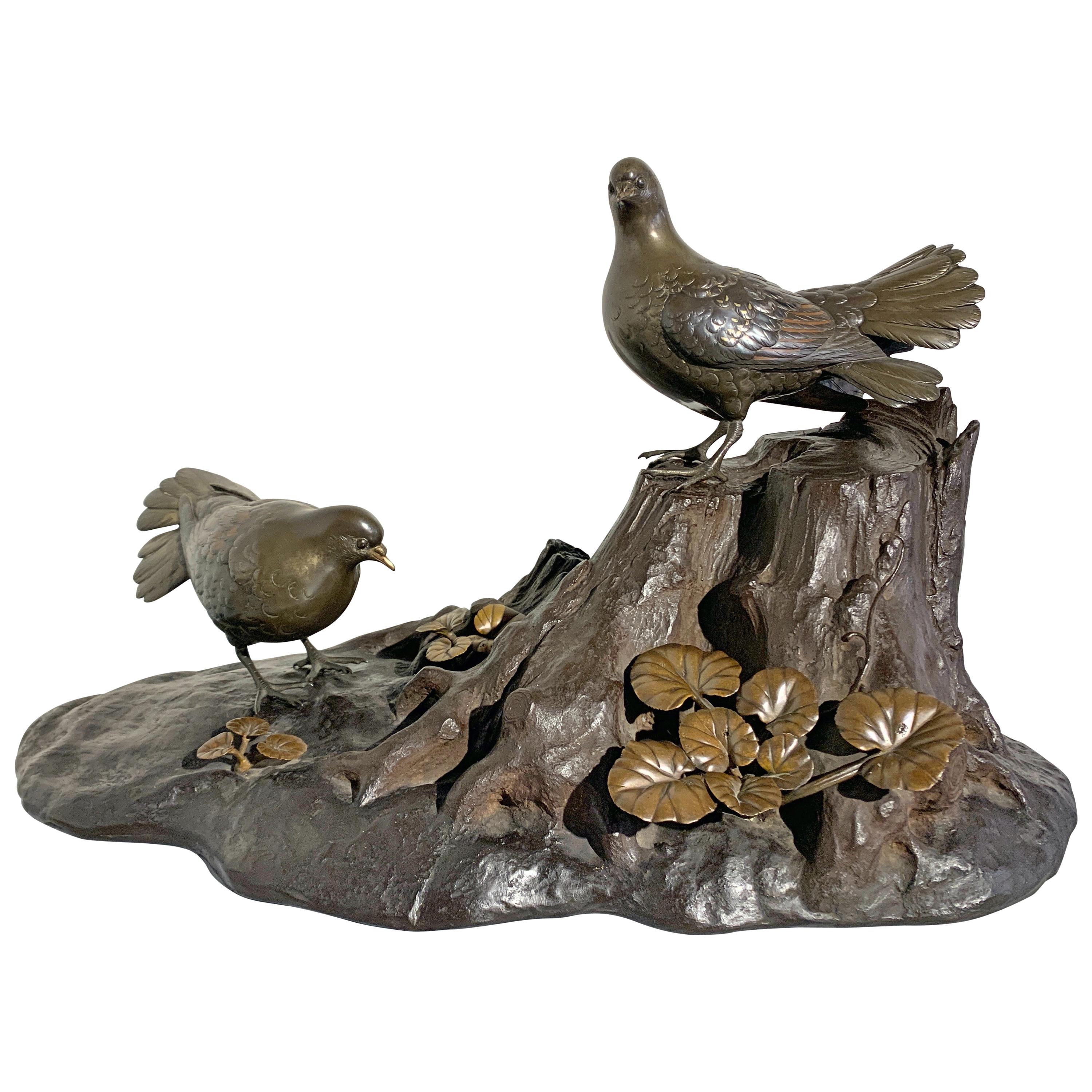 Japanese Mixed Metal Okimono of Doves by Seifu, Meiji Period, Late 19th Century For Sale