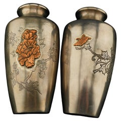 Japanese Mixed Metal Pair of Silver Vases Meiji Period