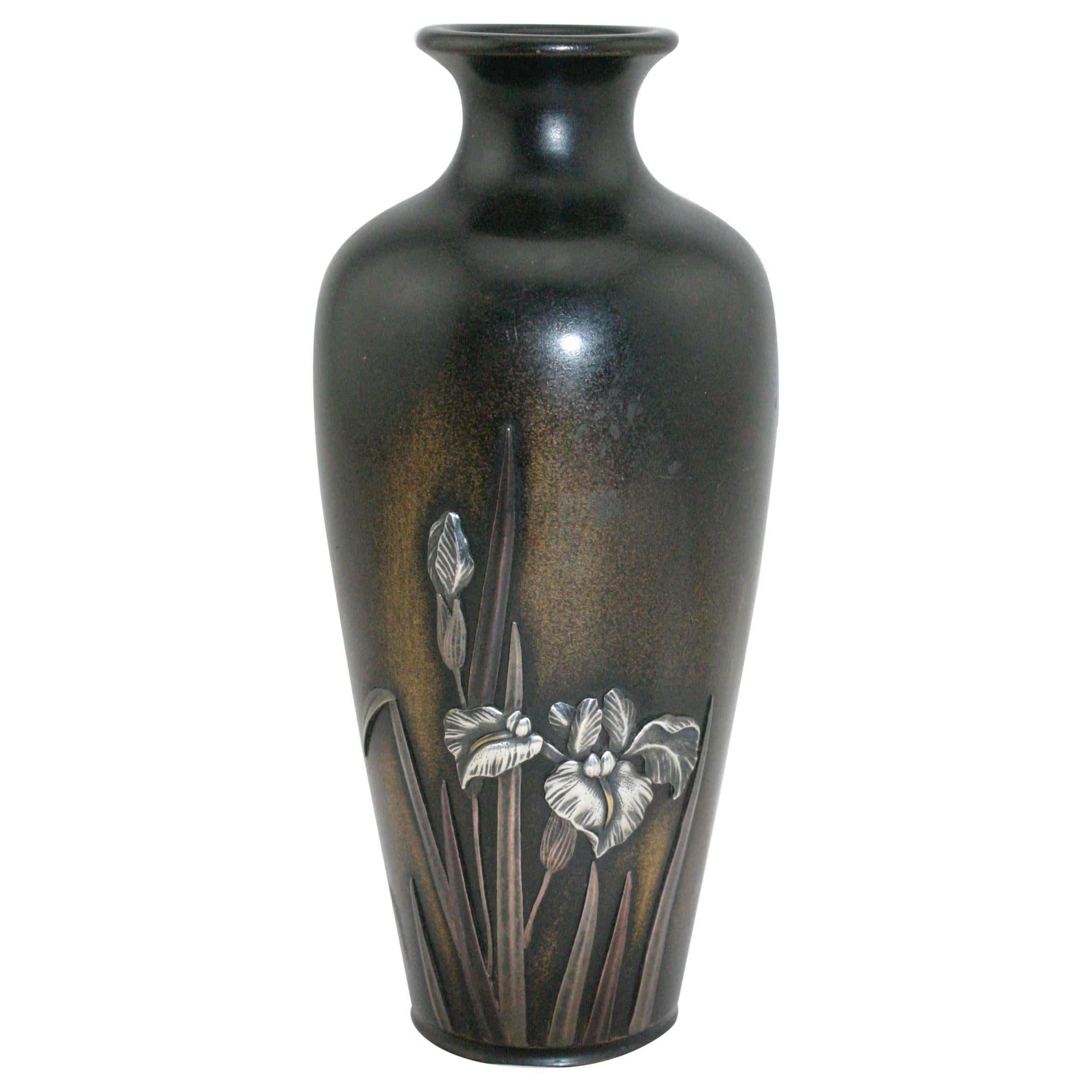 Japanese Mixed Metal Shakudo Vase Silver Irises on Bronze, Meiji Period  For Sale
