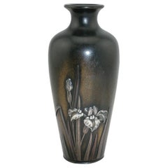 Japanese Mixed Metal Shakudo Vase Silver Irises on Bronze, Meiji Period 