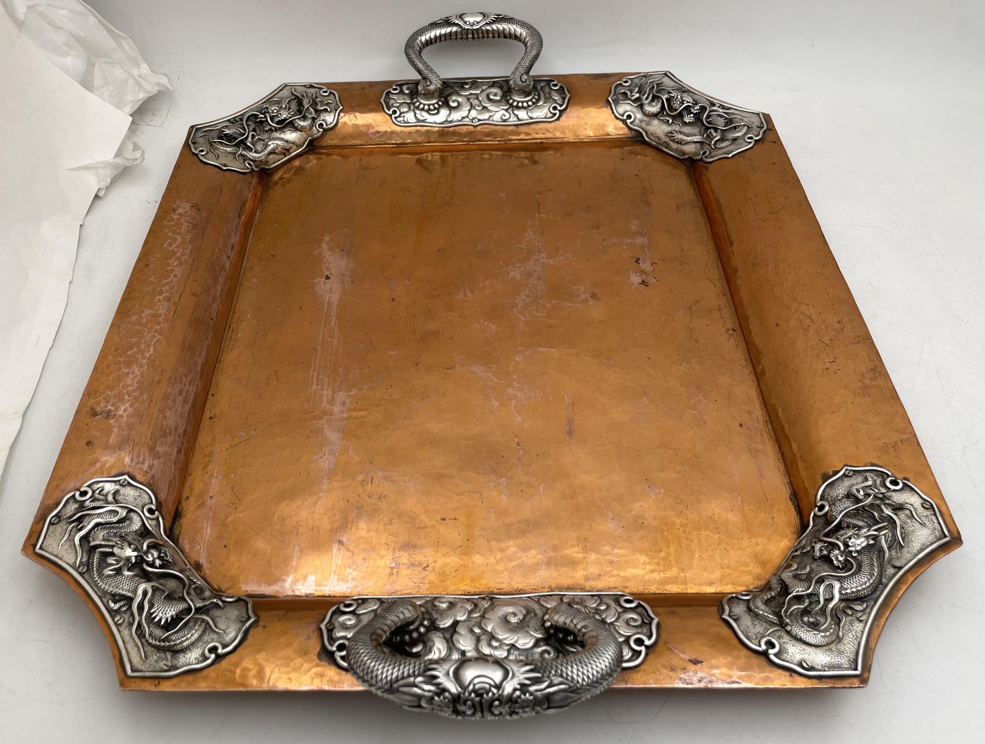 Japanese Mixed Metal Silver on Copper Tray with Dragon Motifs In Good Condition For Sale In New York, NY