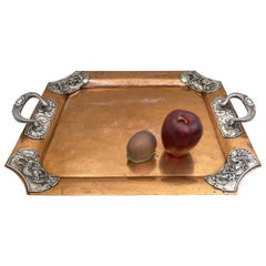 Antique Japanese Mixed Metal Silver on Copper Tray with Dragon Motifs