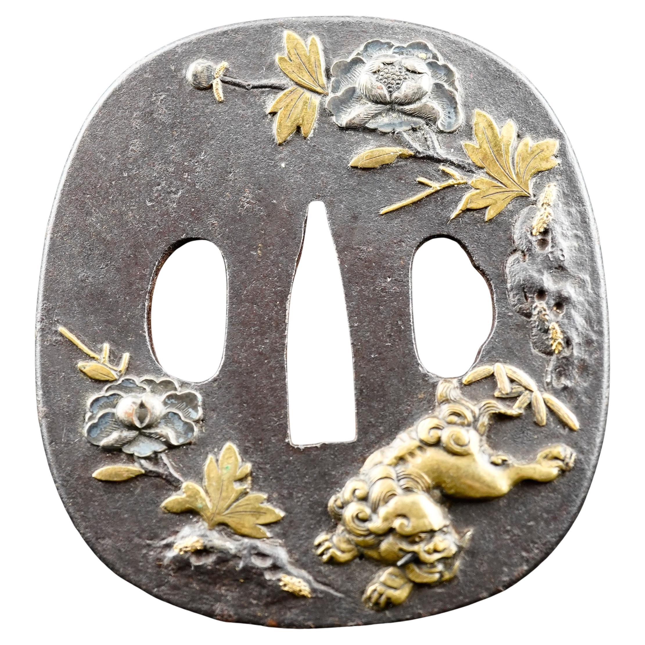 Garde d'épée japonaise en métal mixte (Tsuba) Période Meiji