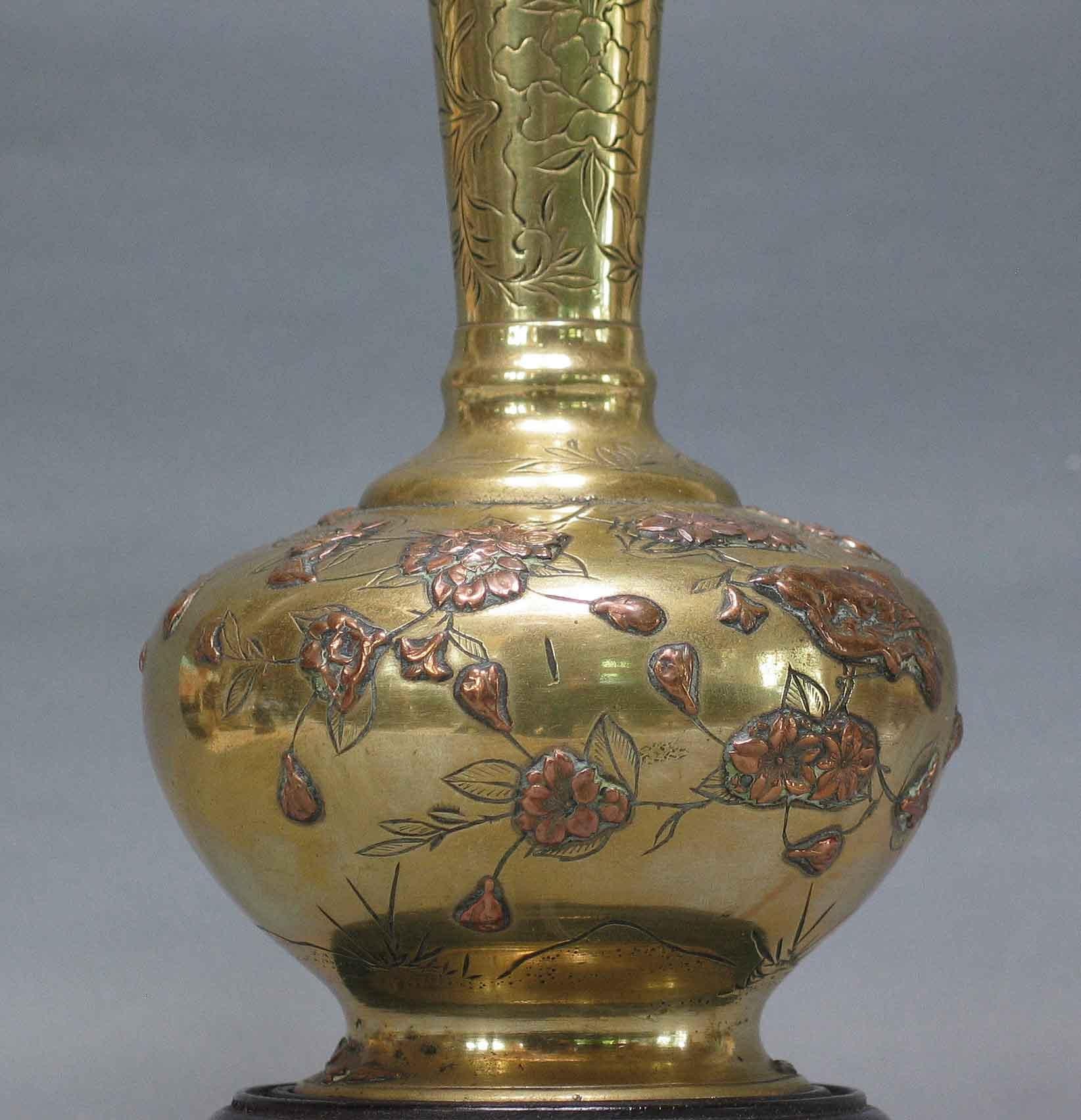 Japonisme Japanese Mixed Metal Vase Mounted as a Lamp Meiji Period For Sale