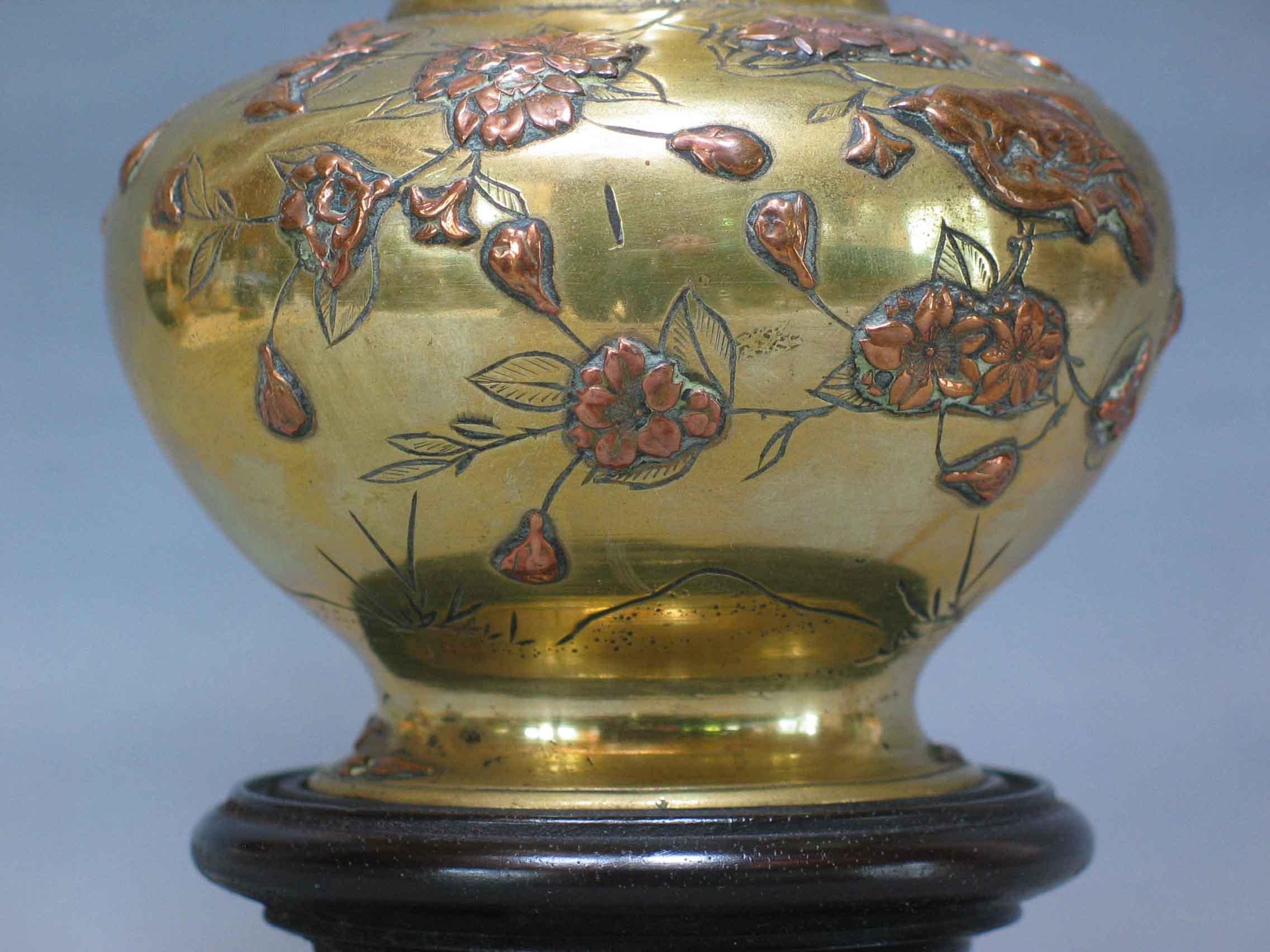 Metalwork Japanese Mixed Metal Vase Mounted as a Lamp Meiji Period For Sale